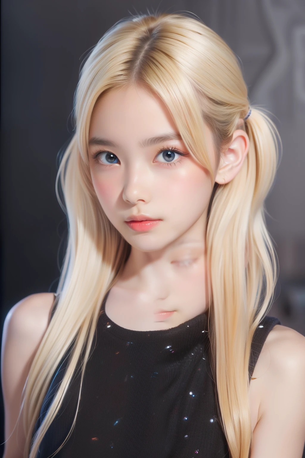 (8k, 4k, best quality, highres, ultra high res:1.1), (masterpiece, realistic, photo-realistic:1.1), 1girl, face, close-up, twintails, blonde hair, black eyes, red lips, (looking at viewer:2), absurdly long hair, long eyelashes, eyeshadow, small face, big eyes,
bare shoulders,
high contrast,