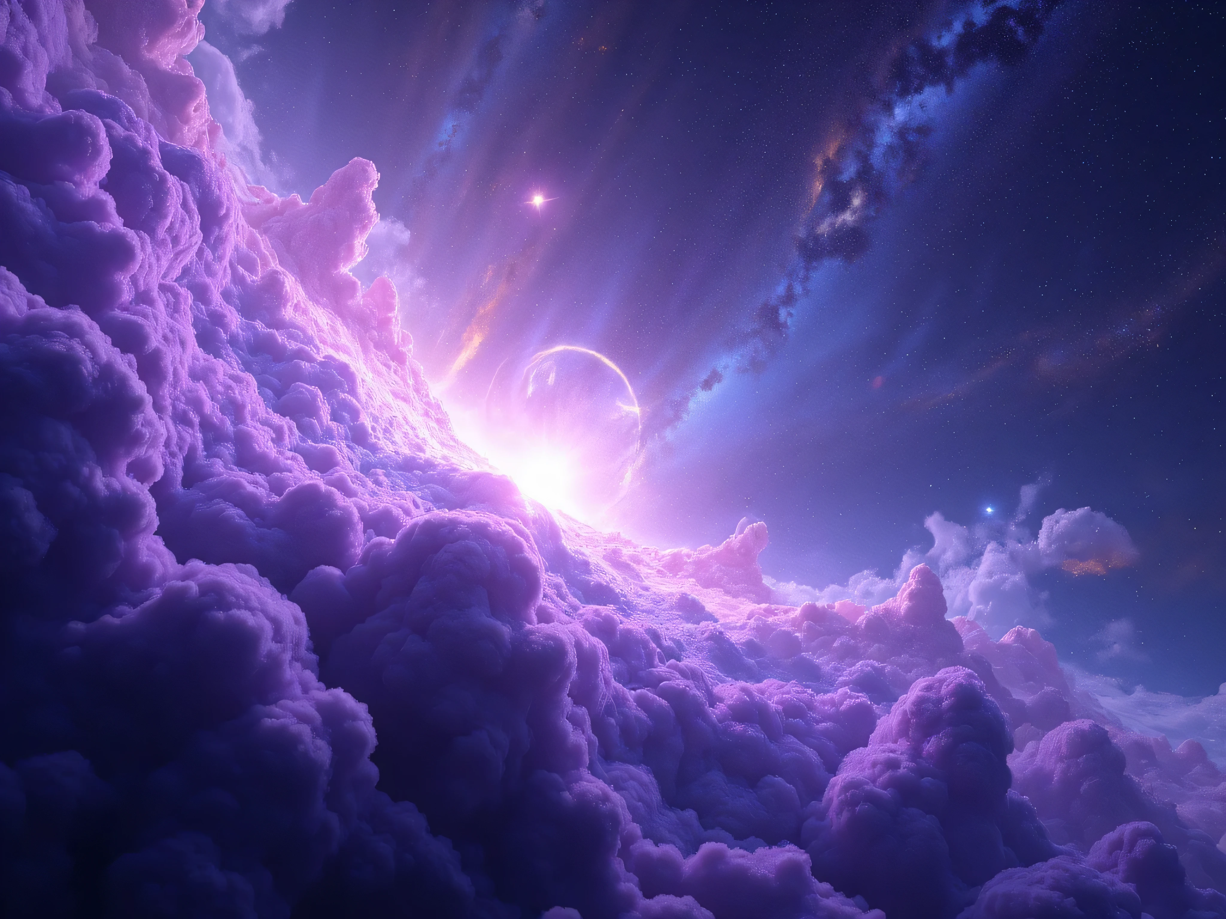 audiovawes at space, nebula, starfield, galaxiesa highly detailed, photorealistic, 8K digital illustration of an expansive space scene, featuring a vast nebula cloud with swirling, vivid purple and blue gases, dotted with twinkling stars and distant glowing galaxies, creating a mesmerizing and awe-inspiring cosmic atmosphere,4K,HDR,ultra-detailed,professional,cinematic lighting,dramatic colors,volumetric fog,hyperrealistic