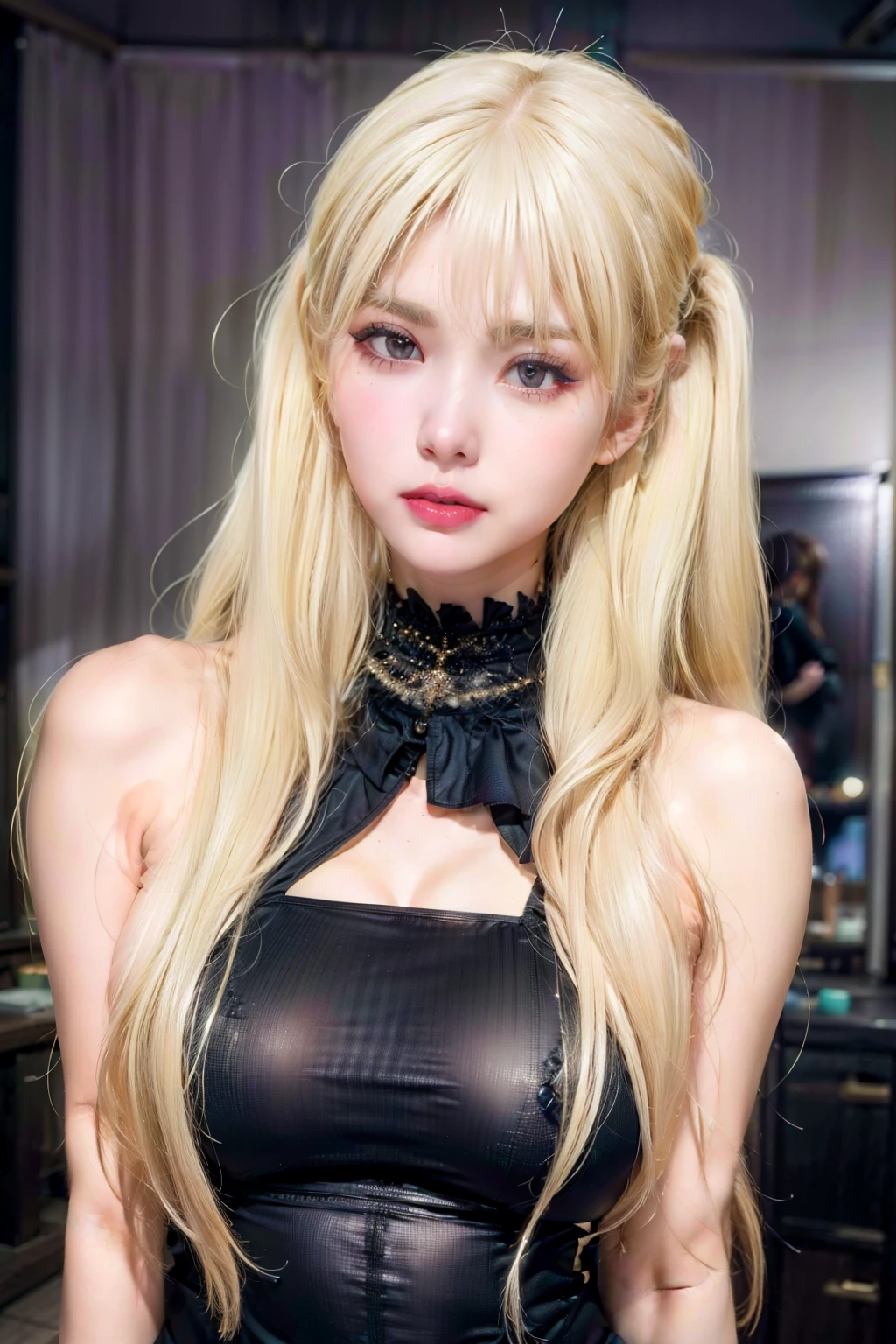 (8k, 4k, best quality, highres, ultra high res:1.1), (masterpiece, realistic, photo-realistic:1.1), 1girl, face, close-up, twintails, blonde hair, black eyes, red lips, (looking at viewer:2), absurdly long hair, long eyelashes, eyeshadow, small face, big eyes,
bare shoulders,
high contrast,