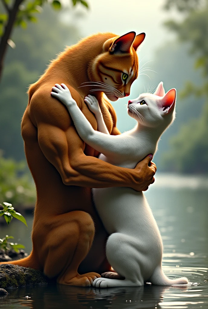 Ek sundar white cat jisne ek sexy dress pehni h Or ek muscular ginger cat h dono ek dusre ko pyar bgari nazro se dekh re h romence unki ankho me dikh rha h esi image genret kar do