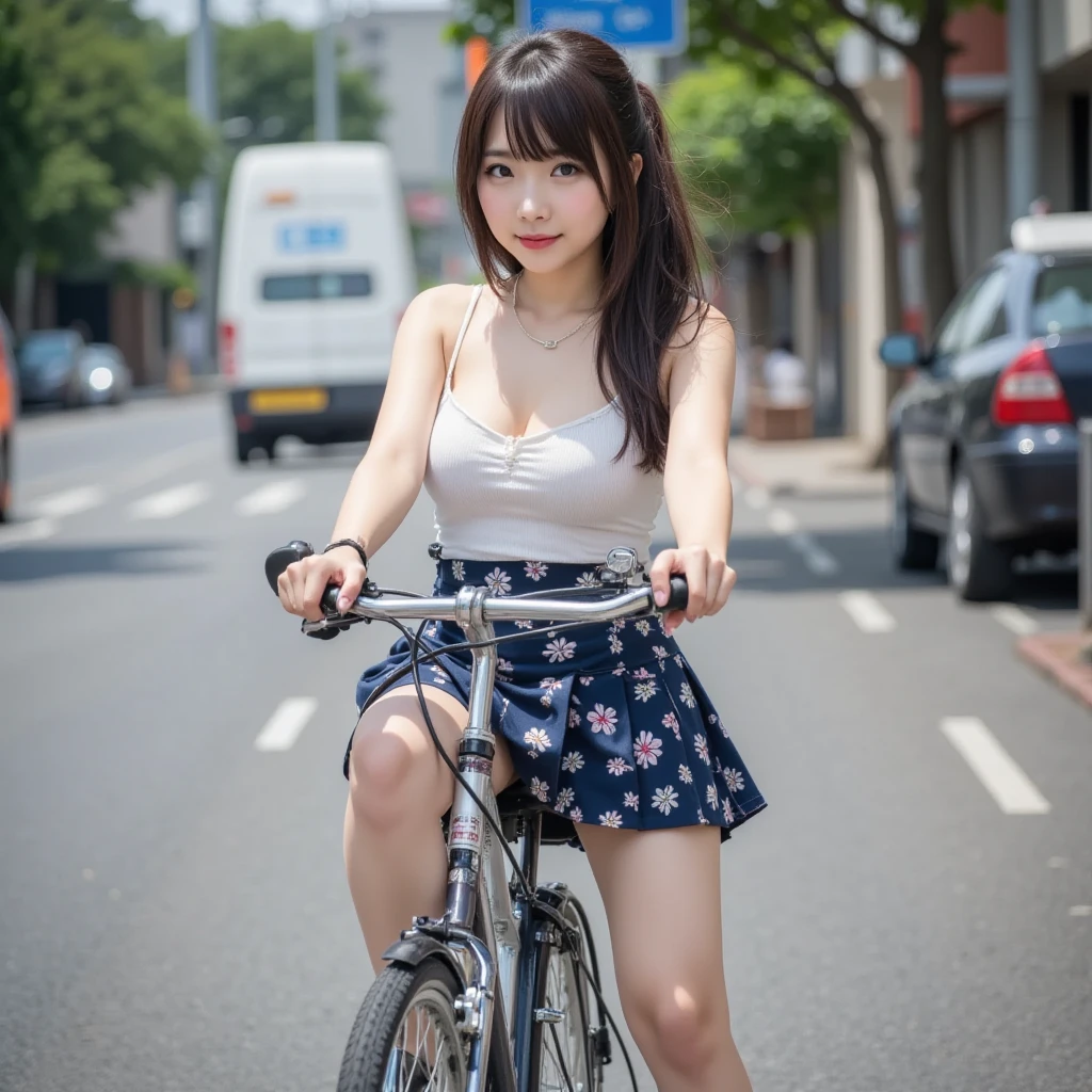 8k、RAW Photos、Highest quality、Super detailed、Super Resolution、Ultra HD、8k wallpaper、Amazing details
(((Full body photo)))A high school girl in uniform riding a bicycle　Dynamic　A sloppy smile　On the way to school
((((Emphasize cleavage))))
(((((Floral panties and bra are visible)))))
