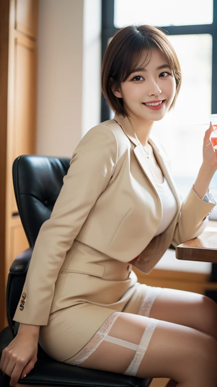 (((leaning forward:1.5,bent over))),Inside a suit shop,(The skin is wet from sweat),Wearing a shirt:1.2,looking at the camera,Cleavage,smile,Skirt Lift、Lift your skirt with your hands,woman, 20-year-old, Short Hair、bangs、(Plain suit skirt),(White lace panties)、Cute earrings,Natural lighting