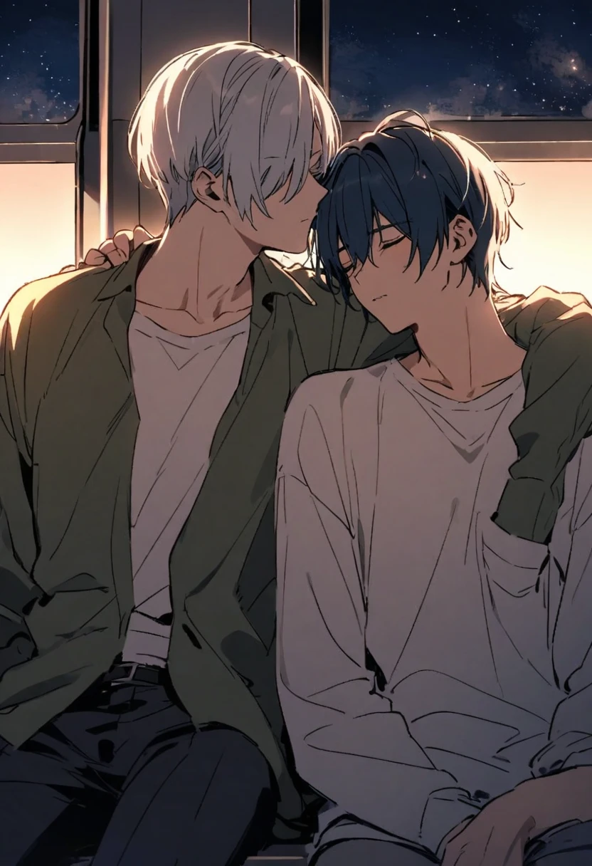 Anime BL, boy with green hair, boy with silver hair two boy, sex