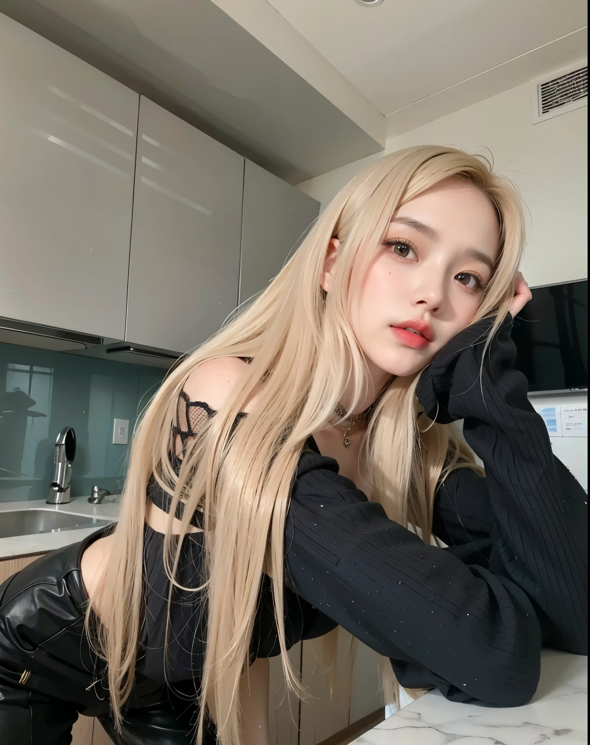 a close up of a woman with long blonde hair wearing a necklace, Jinyoung Canela , Parque Roseanne do Blackpink, Lalisa Manobal, long white hair and bangs, ulzzang, sakimichan, popular South Korean makeup, Portrait of Kim Petras, Heonhwa Choe, white fringe, Retrato de Jossi do Blackpink, popular Korean makeup