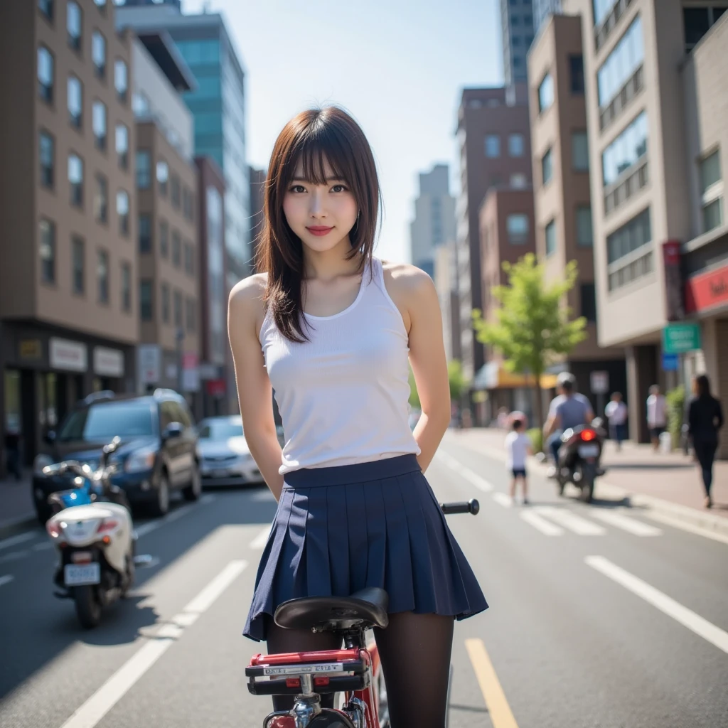 Highest quality、A girl is riding a white motorcycle, brown short cut、(He is wearing a jet helmet with white and black lines running down the center of the helmet from front to back.、White tank top、Pink jacket、short skirt、long stockings with garter、Brown work boots:1.3)、Japanese countryside scenery、Road beside the stream、Small creek、Dirt Road、Weeds grow along the side of the road、Blue sky、White clouds floating、Early summer sky、gigantic breasts, giga_busty,