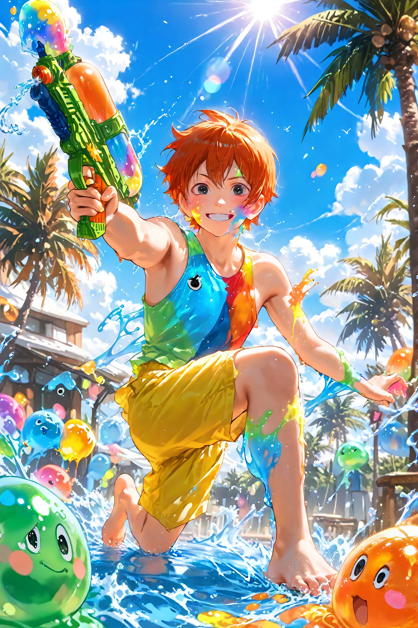 Shoyo hinata, (8k, HD), 1 boy, alone, short hair, orange hair, black eyes, shirtless, yellow summer shorts, pleasant smile, close view, perfect face, beautiful face, at Indian street crowdy, looking at viewer, barefoot, wind, palm trees, clouds, blue sky, (water balloons), (good hands), multicoloured smile, happy, joyful, close view, sunlight falling on her, colours, slime, ((colours on her body)), ((coverd in slime)), ((holding watergun)), ((colours on her face)), Holi_Style_SDXL, ((Multicolor Smoke)), Multicolor Paint, Multicolor Powder, face coverd with slime, full body