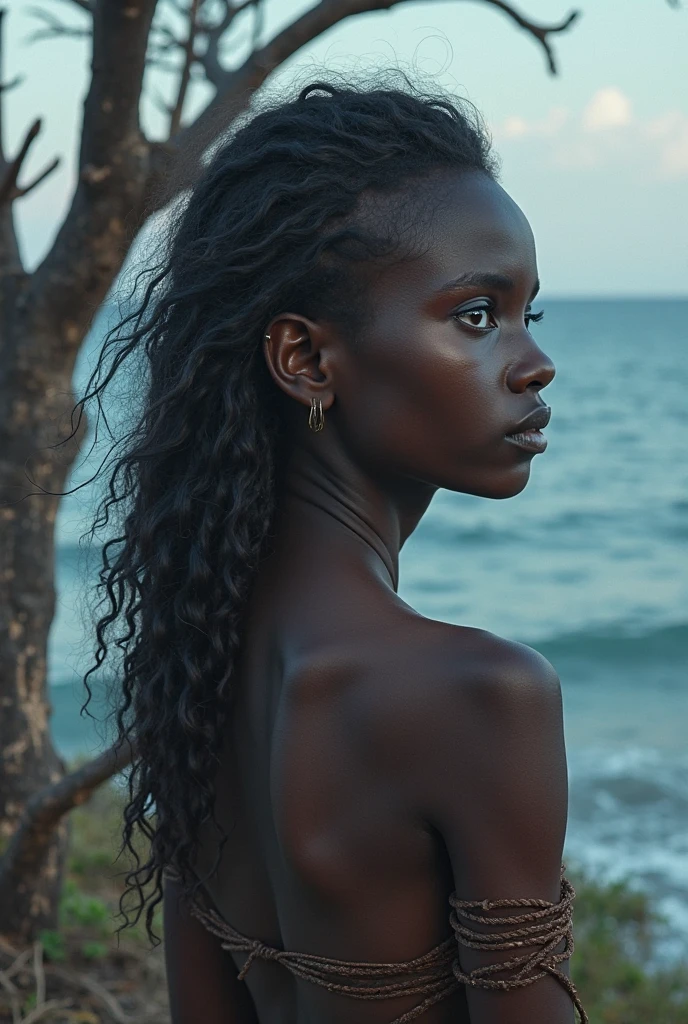  black woman with blue eyes by the sea 