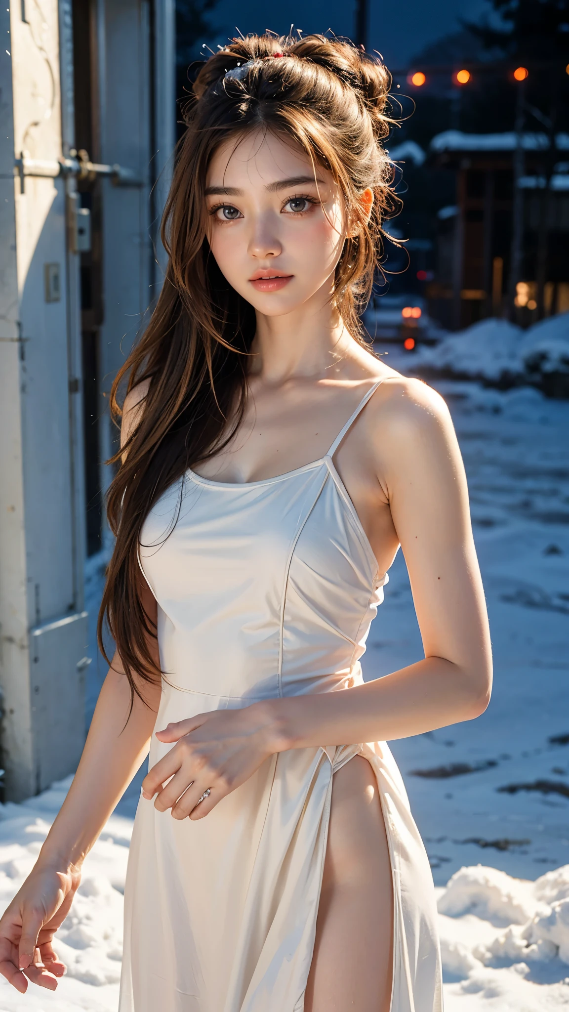 the beautiful holy goddess, beige sheer fabrics slip Dress, ((see through)), sitting on top of snow mountain, breathtaking, stunning, charming, aura, ethereal, clouds background, princess eyes, perfect face, charming expression, sfw, flowing hair, glowing, masterpieces, epic, realistic photography, sfw, 8k uhd, dslr, soft lighting, high quality, best quality, ultra high res, (photorealistic:1.4), film grain, [sfw],
