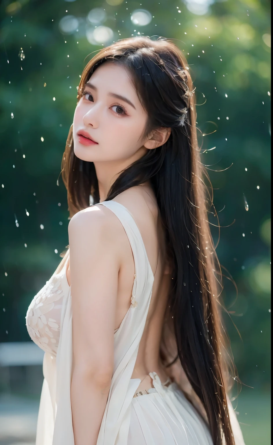((Best Quality, 8k, Masterpiece: 1.3)), Focus: 1.2, Perfect Body Beauty: 1.4, Buttocks: 1.2, ((Layered Haircut)), (Wet Clothes: 1.1), (Rain, Street:1.3), (Breasts: 1.2), (Hanfu: 1.2), Bare Shoulders, Bare Legs, Highly Detailed Face and Skin Texture, Fine Eyes, Double Eyelids, Whitened Skin, Long Hair, (Shut Up: 1.5), (Bokeh Background: 1.5), Big Breasts