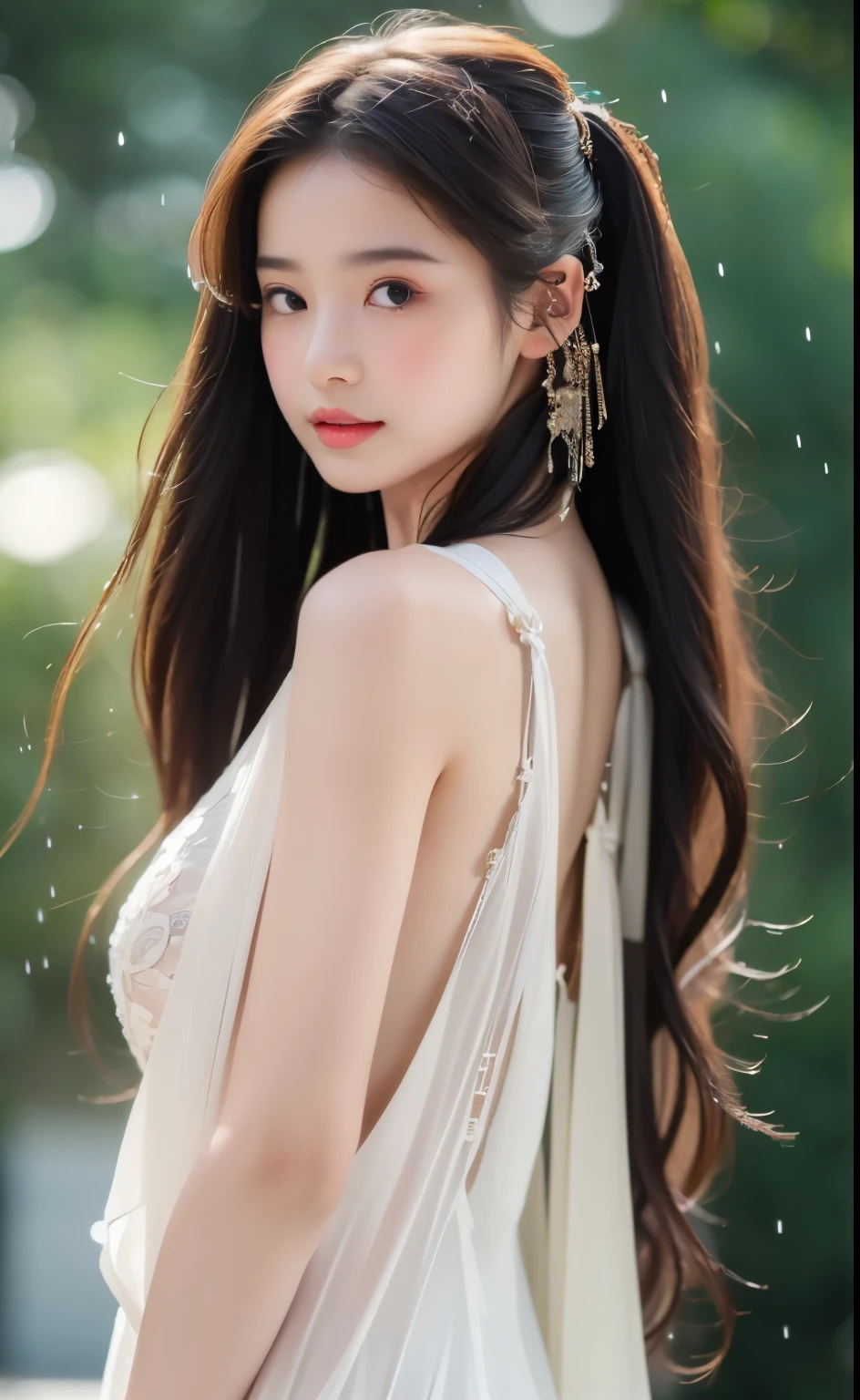 ((Best Quality, 8k, Masterpiece: 1.3)), Focus: 1.2, Perfect Body Beauty: 1.4, Buttocks: 1.2, ((Layered Haircut)), (Wet Clothes: 1.1), (Rain, Street:1.3), (Breasts: 1.2), (Hanfu: 1.2), Bare Shoulders, Bare Legs, Highly Detailed Face and Skin Texture, Fine Eyes, Double Eyelids, Whitened Skin, Long Hair, (Shut Up: 1.5), (Bokeh Background: 1.5), Big Breasts
