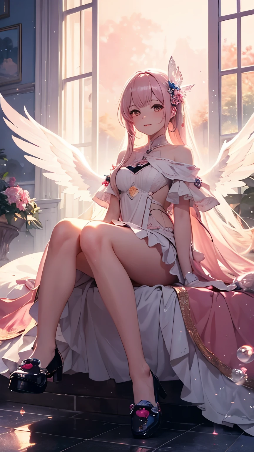 nsfw, (best quality), (detailed), 1girl, barefoot, couch, dress, feathered wings, feet, food, glass, hair bun, halo, high heels, indoors, legs, pink hair, huge breasts, pink halo, shoes, single side bun, solo, stuffed animal, stuffed toy, teddy bear, toes, unworn shoes, white dress, white wings, window, wings, wristband, yellow eyes