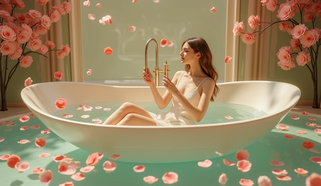 Ceramic bathtub, decorated with gold ornaments, floating rose petals, a moment of elegance and relaxation, ((masterpiece, Highest quality, Best image quality, High resolution, Realistic, RAW Photos, 8k)), ((Highly detailed CG synthesis 8k wallpaper)), (Huge and stunning goddess shot, Very hot and sexy, Incredible beauty, Perfect Proportions, Beautiful body, Slim body beauty:1.4), view from above,