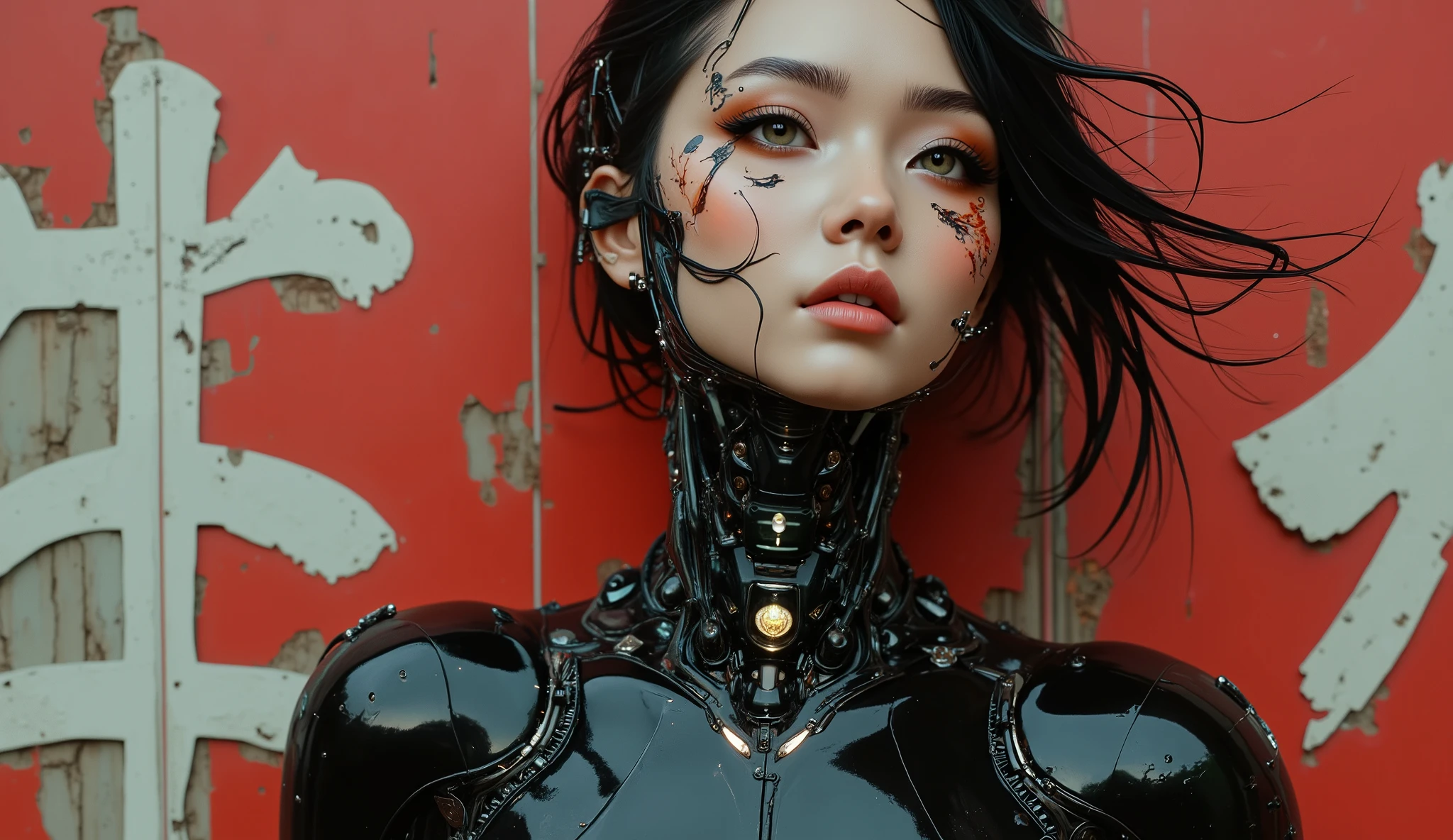 Exquisite 3D model of technological cyborg manga aimme, super soldier and concubine, amazing and iconic, masterpiece, spectacular 3D anime photorealism. score_9, introducing the stunningly gorgeous Yuko, a beautiful Chinese techno cyborg 3D anime human machine, two buns hairstyle, shot against a weathered red burnt rose wall, ripped and torn white distracted Chinese xiàngxíngzì letters, sexy animetion::1.6, worn black bodysuit, tight, C cup breasts, sleek matte black and red steel and black carbon fiber mechanical robotic neck, intricate detailing, her futuristic phantom shell has been designed by Hanka Robotics, a sexy synthetic human 3d anime cyborg girl geikobot, she is stunningly beautiful with an attractive face, (she has stunning white futuristic tattoos etched into a black metal frame, immaculate proportions, cute shinobi girls from Japanese sci-fi pop culture, perfect facial features, very alluring, Yuko is also a cyber supermodel, (((OMG her gorgeous stunning hazel green eyes))), green eyes, (intriguing, Enigmatic, intricate details with a retro futuristic gothic cyberpunk mechanical body, black Latex Tactical Tech Suit (Arnold rendering, Maya modeling, ZBrush, exquisite material design), 3D animated manga, created by the elusive Poison Pill (trip-p) project, lovrz-ovrdoz. Intricate details, style, spectacular artistic fusion, shallow depth of field, close-up. Stylish Japanese avant-garde technopunk anime, retro renaissance character art, neo-gothic cyberpunk, underground futuristic industrial anime. Balanced cinematic lighting, compensating noise, high contrast light, dramatic and intense, extraordinary and poetic symmetry, stylized proportions, flawless and balanced, framing.