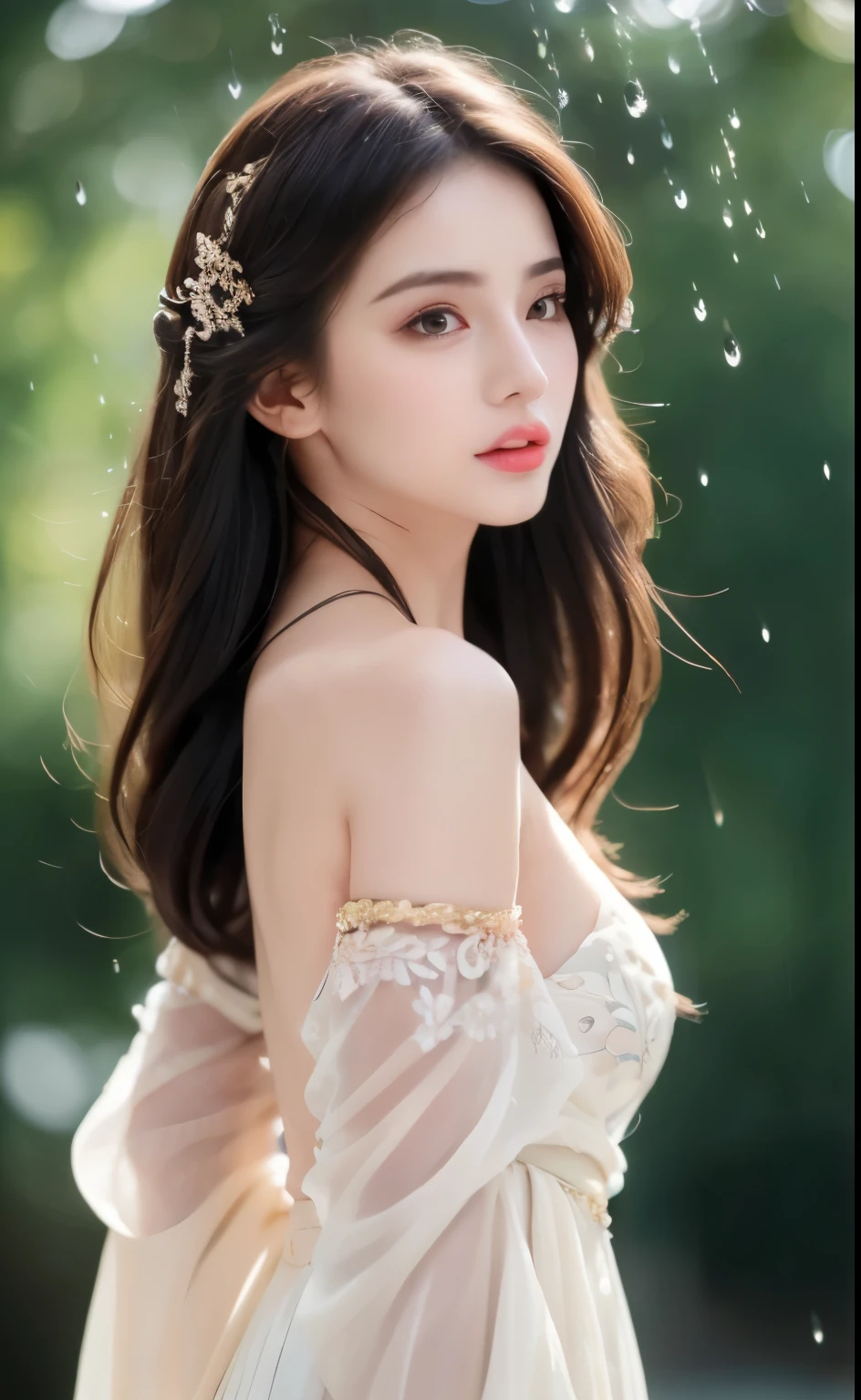 ((Best Quality, 8k, Masterpiece: 1.3)), Focus: 1.2, Perfect Body Beauty: 1.4, Buttocks: 1.2, ((Layered Haircut)), (Wet Clothes: 1.1), (Rain, Street:1.3), (Breasts: 1.2), (Hanfu: 1.2), Bare Shoulders, Bare Legs, Highly Detailed Face and Skin Texture, Fine Eyes, Double Eyelids, Whitened Skin, Long Hair, (Shut Up: 1.5), (Bokeh Background: 1.5), Big Breasts