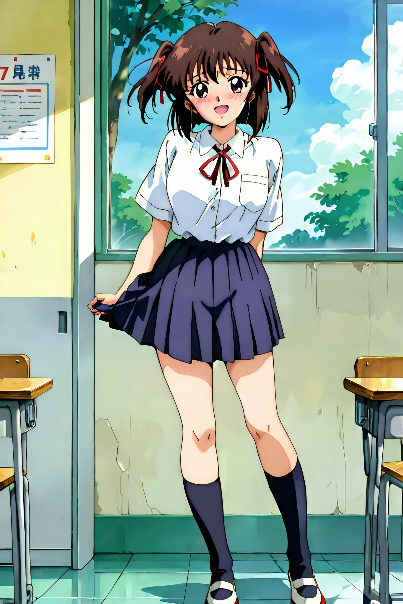 kayo,dark brown eyes,dark brown hair,two side hair,shoulder-length short hair,hair tied thin red ribbons,school uniform,white collared shirt,red necktieribbon,navy blue short pleated skirt,whole body,full length,masterpiece,best quality,amazing quality,score_9, score_8_up, score_7_up, source_anime,retro art style,smile,shy,watery eyes,day,summer,in the classroom,standing,open mouth,embarrassed,looking at viewer