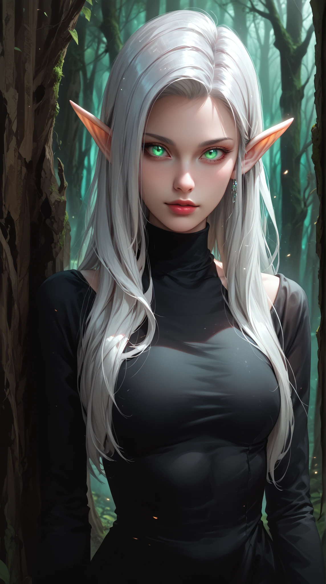 a portrait of a elf girl with freckles and bright striking blue eyes posing for a photo full body shot, bare shoulders, muscular, fit, defined abs, thongs, (prominent cameltoe) white freckles, long flowing green hair flying, glowing radiance, beautiful pale makeup, color portrait, stunning portrait, elegant freckles, wearing black thongs with glowing runes of power, black gloves, star-shine, gold dust spread across her skin and her face, (dark, hyper-realistic photos (((portrait))) refraction ,Dark background of magical night forest, deep woods, towering ruins, starlight skies