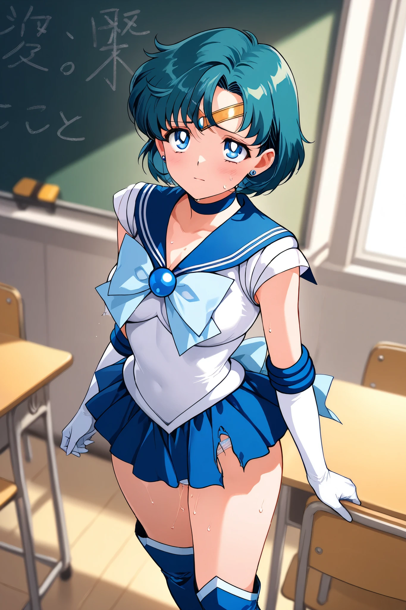sailor_mercury,1 female,solo,
front,look up,from above,

short hair,blue hair,blue eyes,public scera,
jewelry,earrings,torn clothes,

sailor warrior uniform（1.3）,
blue sailor color,
white breasts,
light blue ribbon,

blue lace-up boots,thigh-length boots,high heels,
white panty,
white elbow-length gloves,miniskirt,lolita dress,

beautiful legs,very thin thighs,thin calves,
medium breasts,thin waist,butt close-up,
baby face,perfect face,beautiful skin,

sad,painful,sweaty,incontinence,
I can see panties,cowboy shot,dutch angle,
Anatomically correct,

best quality,super detailed,
Highest quality,masterpiece,high quality,
blurred background,

indoor,school,classroom,desk,chair,blackboard