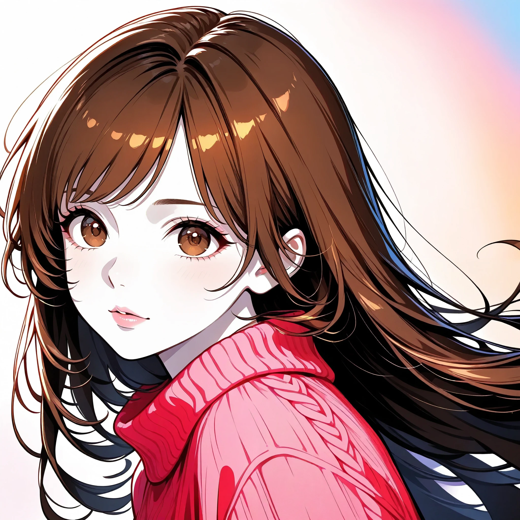 Girl, long straight brown hair, brown eyes, sharp features, white skin, light pink lips, beautiful, perfect, elegant, wearing a sweater, high quality resolution, clear bright colors.