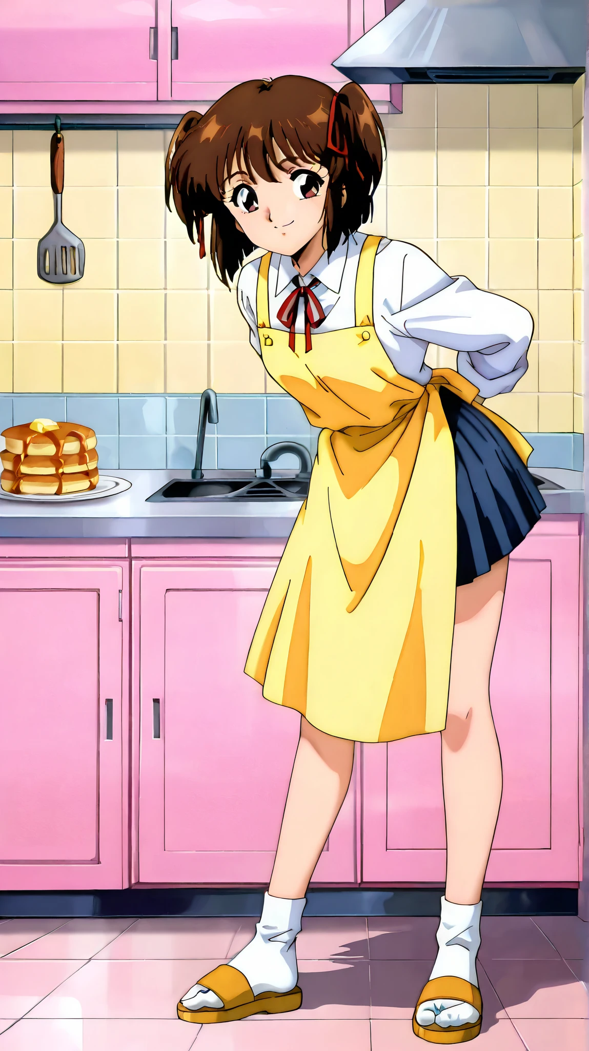kayo,dark brown eyes,dark brown hair,two side hair,shoulder-length short hair,hair tied thin red ribbons,school uniform,white collared shirt,thin short red necktieribbon,navy blue short pleated skirt,barefoot,labiomental sulcus,nose shadow,lower lip shadow,masterpiece,best quality,amazing quality,score_9, score_8_up, score_7_up, source_anime,retro art style,1 girl,solo,on a bed,smile