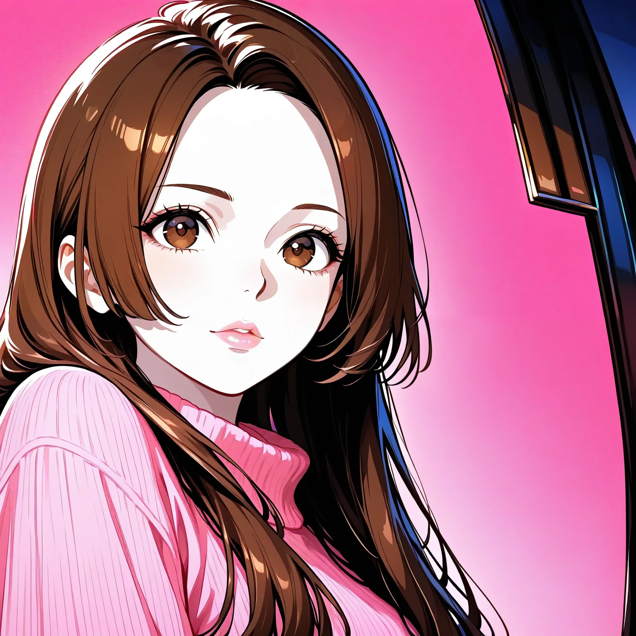 Girl, long straight brown hair, brown eyes, sharp features, white skin, light pink lips, beautiful, perfect, elegant, wearing a sweater, high quality resolution, clear bright colors.