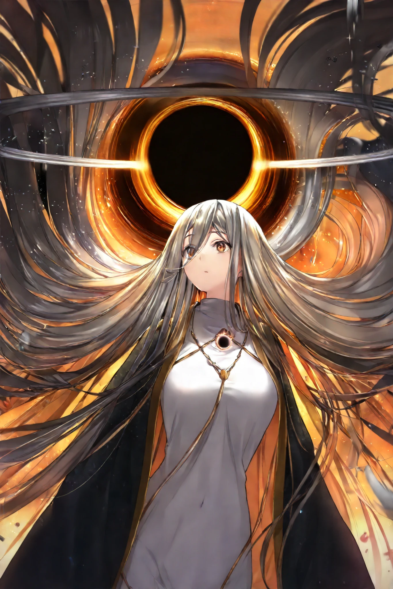 ((no head, Instead of a head, a Black hole)), Hand and silver jewelry. white Greek robes, private places are covered. They emit orange light inside the tape. Gradation. halo. goddess. divine . Gray Aurora. high resolution. Cosmic Horror. Personification of space. hands and legs are beautiful, and within it, the Milky Way and the like are in harmony. huge growth, Her body ends in black, has the same body and big breasts, and her heart shines with a circular Orange light in the center of her chest. Her whole body is covered in light, surrounded by hundreds of millions of rotating circular light strips, to protect her, her model, Sparkling, like the vast Universe. Life is created there, where light passes. Her arms are wrapped in sacred cloth, particles, flowing through light, trapezoidal and emphasizes their beauty. transcendental, in the middle of space .