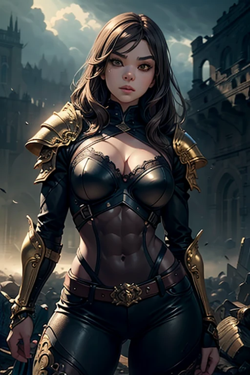 A beautiful bronze dragon in human form, large breasts, wearing bronze armor and short skirt, light-brown hair and glowing green eyes with black eyeliner, in a haunted forest, alluring, 1girl, detailed face, intricate armor, highly detailed, 8k, in style of Frank Frazetta, dramatic lighting, volumetric fog, mystical atmosphere, cinematic composition, vibrant colors, dynamic pose