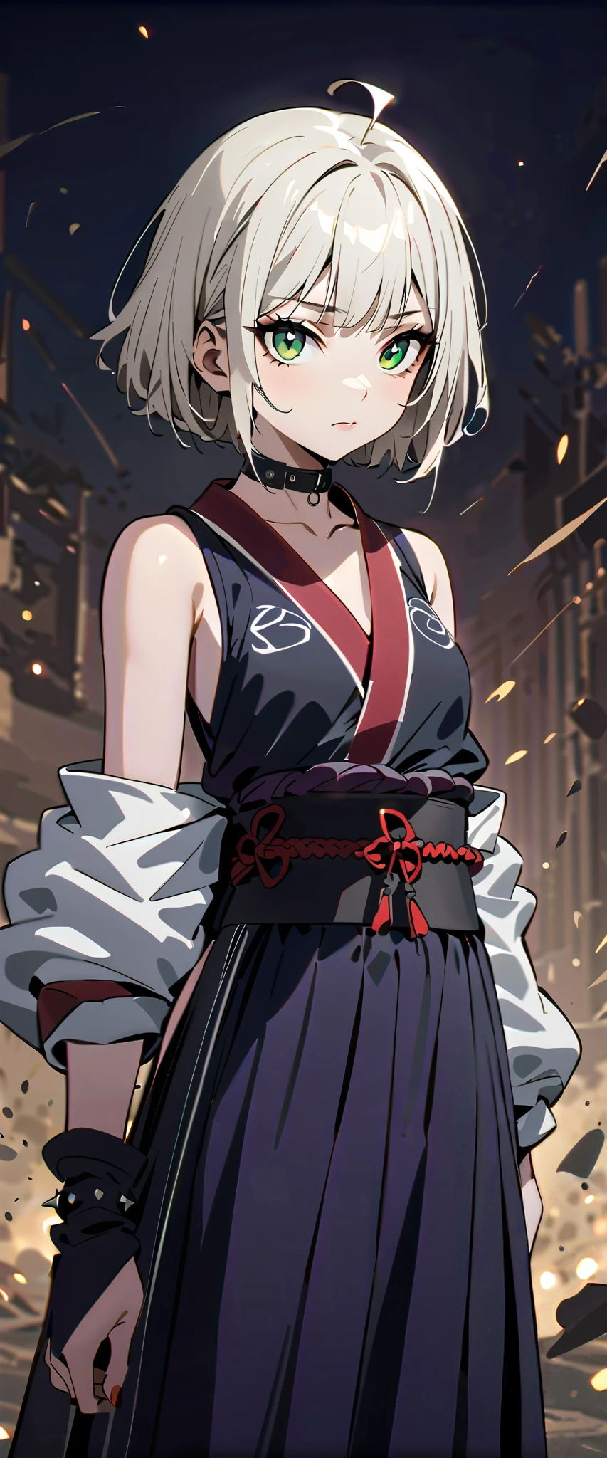 (high-quality, breathtaking),(expressive eyes, perfect face) 1girl, female, solo, maomao, cowboy shot, medium full shot, White hair color, bright green eyes, Short straight hair, flat chested, small breasts, small stature, small Ahoge, kunoichi attire, kunoichi outfit, shinobi, shinobi aesthetic, japanese shinobi, looking towards viewer, HD, High quality image, dusty particles floating around, black choker, black collar with spikes, goth girl, goth aesthetic, holding a tanto