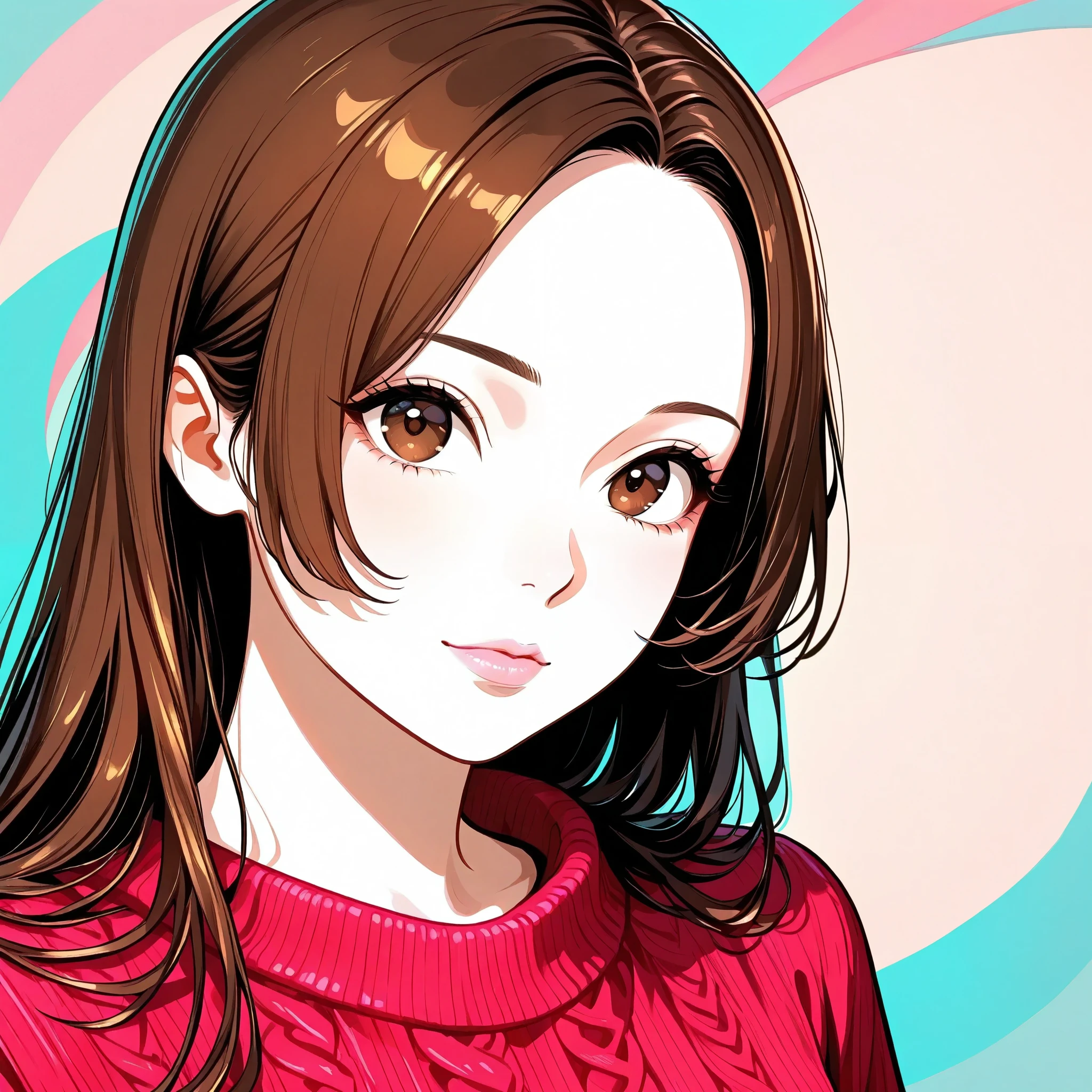 Girl, long straight brown hair, brown eyes, sharp features, white skin, light pink lips, beautiful, perfect, elegant, wearing a sweater, high quality resolution, clear bright colors.