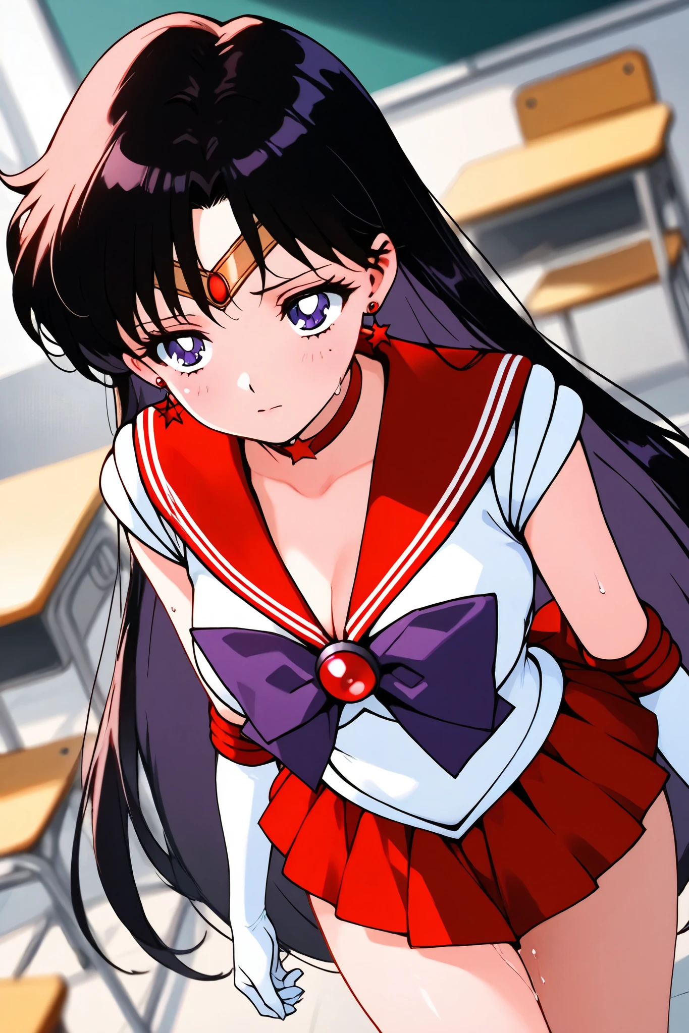 sailor_ mars,1 female,solo,
front,look up,from above,
black hair,headband,long hair,
bangs with a split,colored inner hair,
purple eyes,beautiful eyes,big eyes,
slant eyes,long eyelashes,sleeping eyes,
sailor warrior uniform(1.3),
red sailor color,white breast,red ribbon,
mini skirt,pleated skirt,red skirt,
white panty,
jewelry,earrings,
red lace-up boots,thigh-length boots,
high heels,
white elbow gloves,
beautiful legs,very thin thighs,thin calves,
medium breasts,thin waist,
perfect face,beautiful skin,
sad,painful,sweaty,incontinence,
I can see panties,cowboy shot,dutch angle,
Anatomically correct,
masterpiece,best quality,super detailed,
blurred background,
indoor,school,classroom,desk,chair,blackboard