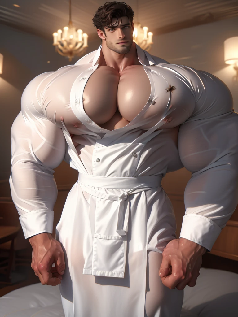 Overly muscular man, masculine face, full lips, nicebulge, flushed cheeks, oily skin, prominent veins, huge butt, huge chest (huge: 2.5), muscular thighs, thin waist, wearing white panties with bows (wet), sexy pose in bed.