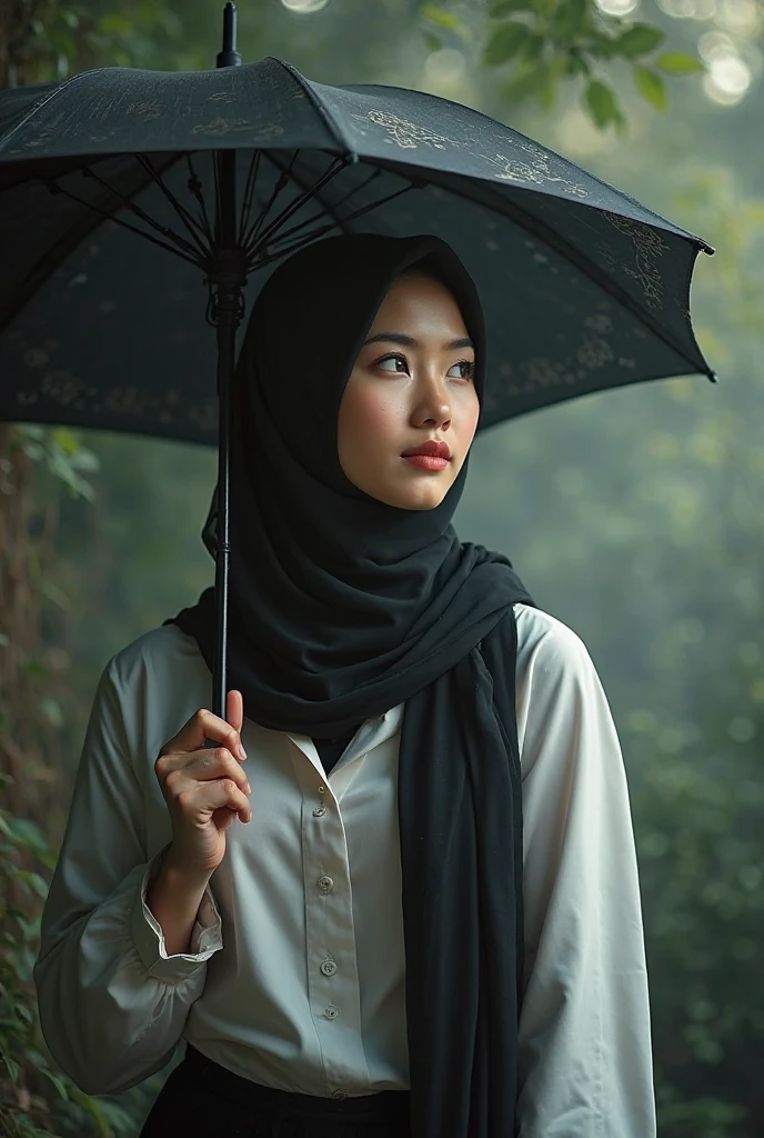 a bangladeshi street road, beside road there are rarely buildings. a slim woman is coming ahead, she is wearing white hijab, sky-blue dress, she has a face mask and eye-glasses. she has a bug in her two soilder. she open her black umbrella at noon. she is coming towards. Her frame of eye-glasses in color of water with square shape glass.