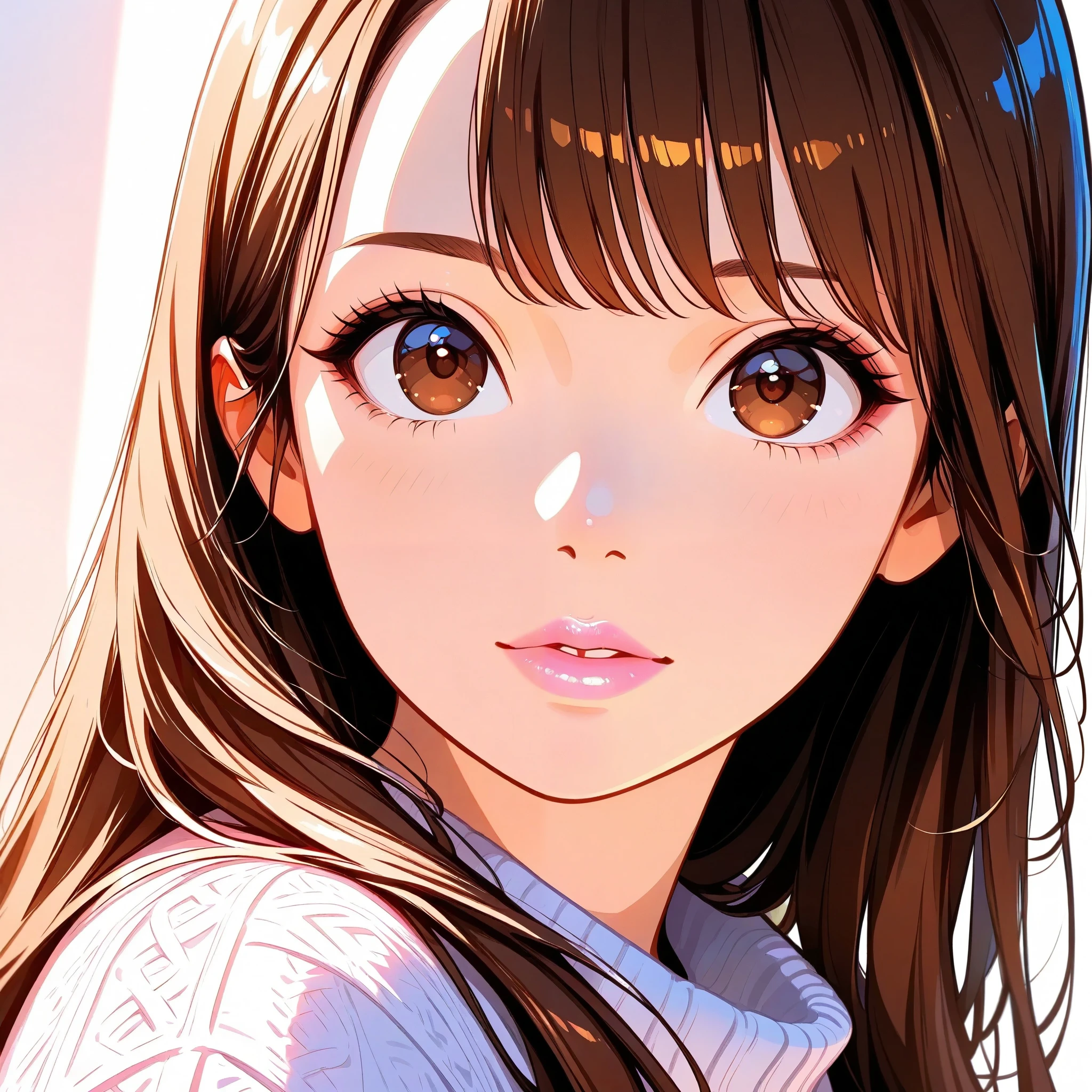 Girl, long straight brown hair, brown eyes, sharp features, white skin, light pink lips, beautiful, perfect, elegant, wearing a sweater, high quality resolution, clear bright colors.