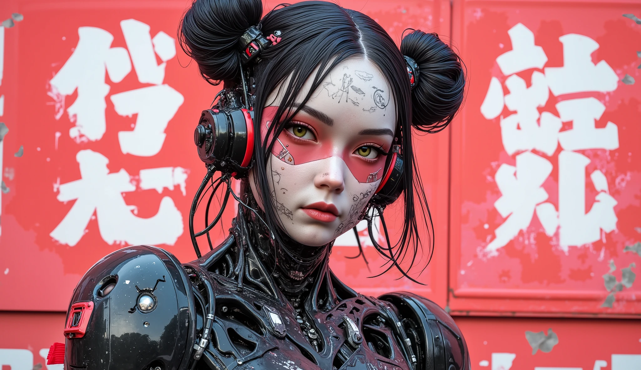 Exquisite 3d manga techno cyborg 3d ainme model, super soldier and concubine, ashtonishing and iconic, Masterpiece, spectacular anime 3D photorealism. score_9, Score_10! presenting the amazingly gorgeous MIKO a beautiful Japanese techno cyborg 3D anime machine human, twin buns hairstyle, i tricate detailing, stylish mech, graphic realism, shot against a distressed red burnt pink wall,torn and ripped white distrssed japanese kanji lettering, sexy animetion::1.6, distressed black bodysuit, tight fitting, c-cup breasts, stylish black carbon fibre and matte black and red steel mechanical robotic neck, intricate details, her futuristic ghost body shell is has been designed by Hanka Robotics, perfect reflections, symmetrical proportions, a sexy kunouchi synthetic human cyborg anime 3d girl, shes breathtakingly beautiful with an attractive face, (she has awesome white futuristic engraved tattoos on black metal frame, immaculate proportions, cute scifi japanese pop culture shinobi girls, perfect facial features, very attractive, Miko is also a cyber-supermodel, (((OMG her beautiful dazzling hazel green eyes))), (intriguing, enigmatic, intricate detailing with retro futuristic gothic cyberpunk body mech, black latex tactical techwear bodysuit, (arnold render, maya modelling, zbrush, (exquisite material design),animated 3D machine manga, created by the elusive, (poison pill project(trip-p), lovrz-ovrdoz), poetic symmetry, realistic reflections, coherrent features, amazing details, spectacular artistic fusion, shallow depth of field, close up. Stylish japanese avant garde anime technopunk, a neo-gothic cyberpunk retro renaissance character art, underground futuristic industrial anime. ((Balanced cinematic lighting, offset noise, high contrast light, dramatic and intense, extraordinary and poetic symmetry, balanced proportions. Amazing japanese swiss beauty, twin buns with bangs, sleek jetblack hair.))