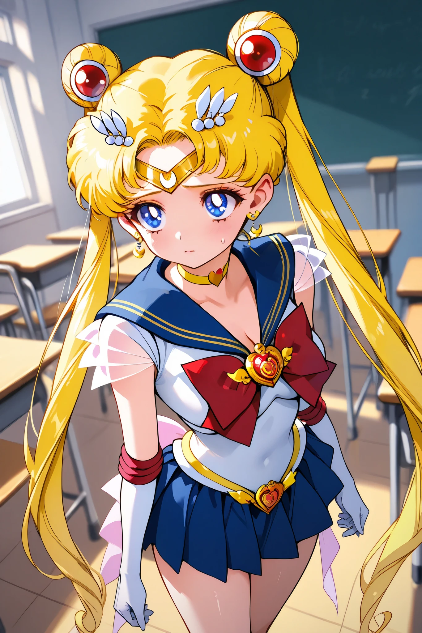 super sailor moon,1 female,solo,
front,look up,from above,

double bang,blonde hair,twin tail,circlet,

Blonde,ponytail,very long hair,
red hair ribbon,bangs with a split,
colored inner hair,

blue eyes,beautiful eyes,big eyes,
slant eyes,long eyelashes,sleeping eyes,

sailor warrior uniform（1.3）,
white breast,red ribbon,
navy blue miniskirt,pleated skirt,
white panty,
white elbow gloves,

jewelry,earrings,choker,
red lace-up boots,thigh-length boots,
high heels,

beautiful legs,very thin thighs,thin calves,
medium breasts,thin waist,
perfect face,beautiful skin,

sad,painful,sweaty,incontinence,
I can see panties,cowboy shot,dutch angle,
Anatomically correct,

masterpiece,best quality,super detailed,
blurred background,

indoor,school,classroom,desk,chair,blackboard