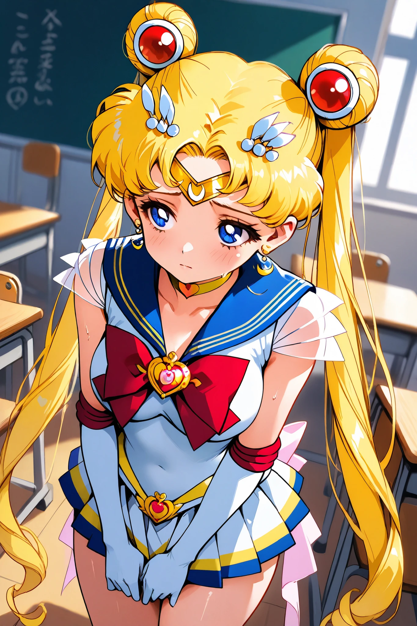super sailor moon,1 female,solo,
front,look up,from above,
double bang,blonde hair,twin tail,circlet,
Blonde,ponytail,very long hair,
red hair ribbon,bangs with a split,
colored inner hair,
blue eyes,beautiful eyes,big eyes,
slant eyes,long eyelashes,sleeping eyes,
sailor warrior uniform(1.3),
white breast,red ribbon,
navy blue miniskirt,pleated skirt,
white panty,
white elbow gloves,
jewelry,earrings,choker,
red lace-up boots,thigh-length boots,
high heels,
beautiful legs,very thin thighs,thin calves,
medium breasts,thin waist,
perfect face,beautiful skin,
sad,painful,sweaty,incontinence,
I can see panties,cowboy shot,dutch angle,
Anatomically correct,
masterpiece,best quality,super detailed,
blurred background,
indoor,school,classroom,desk,chair,blackboard
