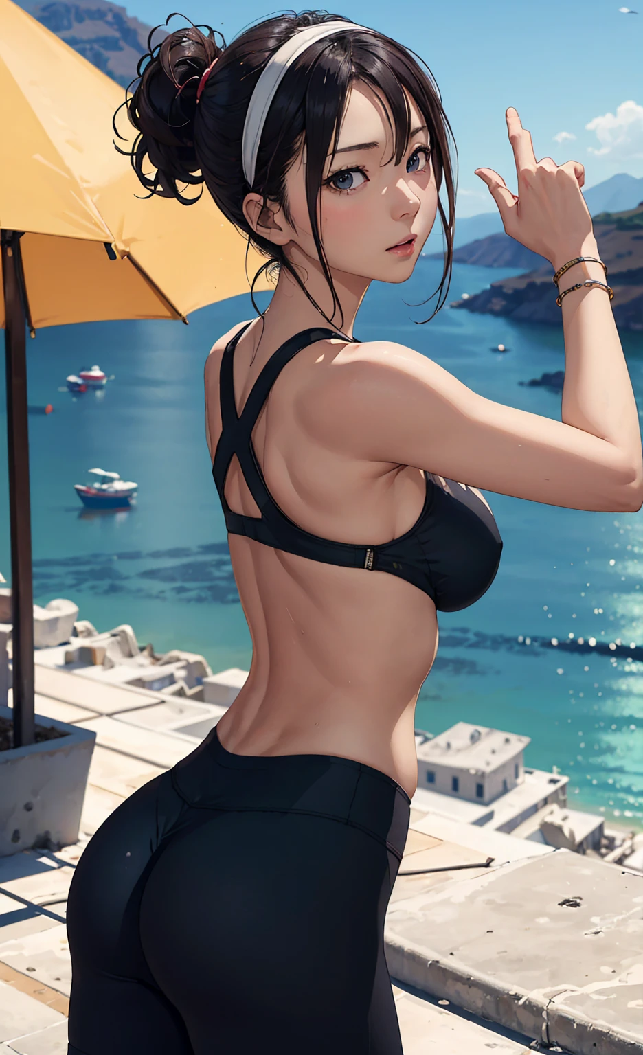 Highest quality, masterpiece, Ultra-high resolution, (Realistic:1.4), RAW Photos, Intricate details, Big beautiful eyes, Perfect contours, masterpiece, One Girl, (Junior high school student:1.2), Braided Bob, (aerial view:1.5), (perky breasts:1.2, high breasts:1.2), (curvy waist:1.2), Competitive swimmer, (one piece:1.2, turtleneck:1.2, Sleeveless swimsuit:1.2), (Metallic Pink, tight high leg swimsuit:1.2), ((shoot from behind:1.2, looking away:1.2)), Portraiture, (Standing on the edge of the highest cliff:1.5, Hesitant to jump, It is surrounded by sheer cliffs of incredible height.:1.5), peer down the cliff, (Anxious expression、His mouth is twitching with fear), (Wet Skin), ((Underarm))、Nothing in my hands、