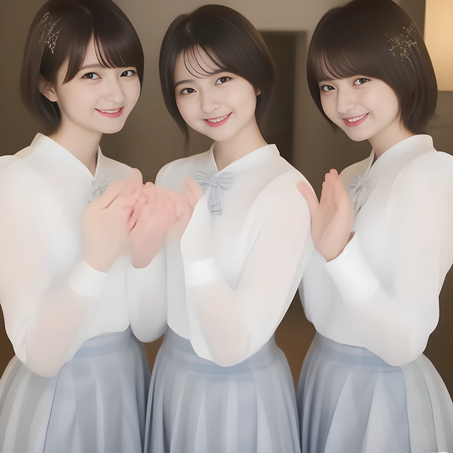 (masterpiece, best quality:1.2), High resolution, 1080P, 8K, 1girl, solo, ((Too beautiful three rich (young beauty & noble & gorgeous fashion magazine models))) are facing center. All the girls are noble, neat, intelligent and beautiful slender, maximum laughter of happiness, neat seducing uniform and skirt: 1.8), (Incredibly well organized pure white face, Glossy lips, Very long black beautiful straight hair like a hair model, Pure and clear wet eyes, (((Noble and neat and noble))) Japanese school uniform, (huge red glossy cute school ribbon bow-tie), girly & fluttering ((frilled gorgeous expensive white school blouse)), (puffed sleeves), (white cutest well-pleated noble (blue checkered dark-blue skirt)): 1.9) ,(beautiful legs, white socks and school loafers), (Using expensive face-whitening cosmetics to make her skin more beautiful and pure by professional makeup artist: 1.0), (The 3 neat beautiful girls know well about the viewer's super fetishism for school uniforms, and satisfies it completely with skirt: 1.0), (well detailed face and seducing eyes: 1.8), (All the girls are extending the hands to the center, and giving a material extreme happiness of beautiful hands and skirt: 1.5)