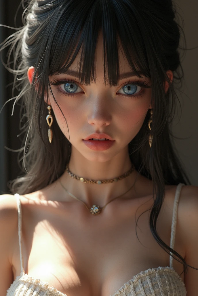 Generate an image of a beautiful and sexy tomboy girl with sparkling glamourous and beautiful blue eyes and long beautiful black hair in two low ponytails along with being big breasted. Generate the image in a frontal view.