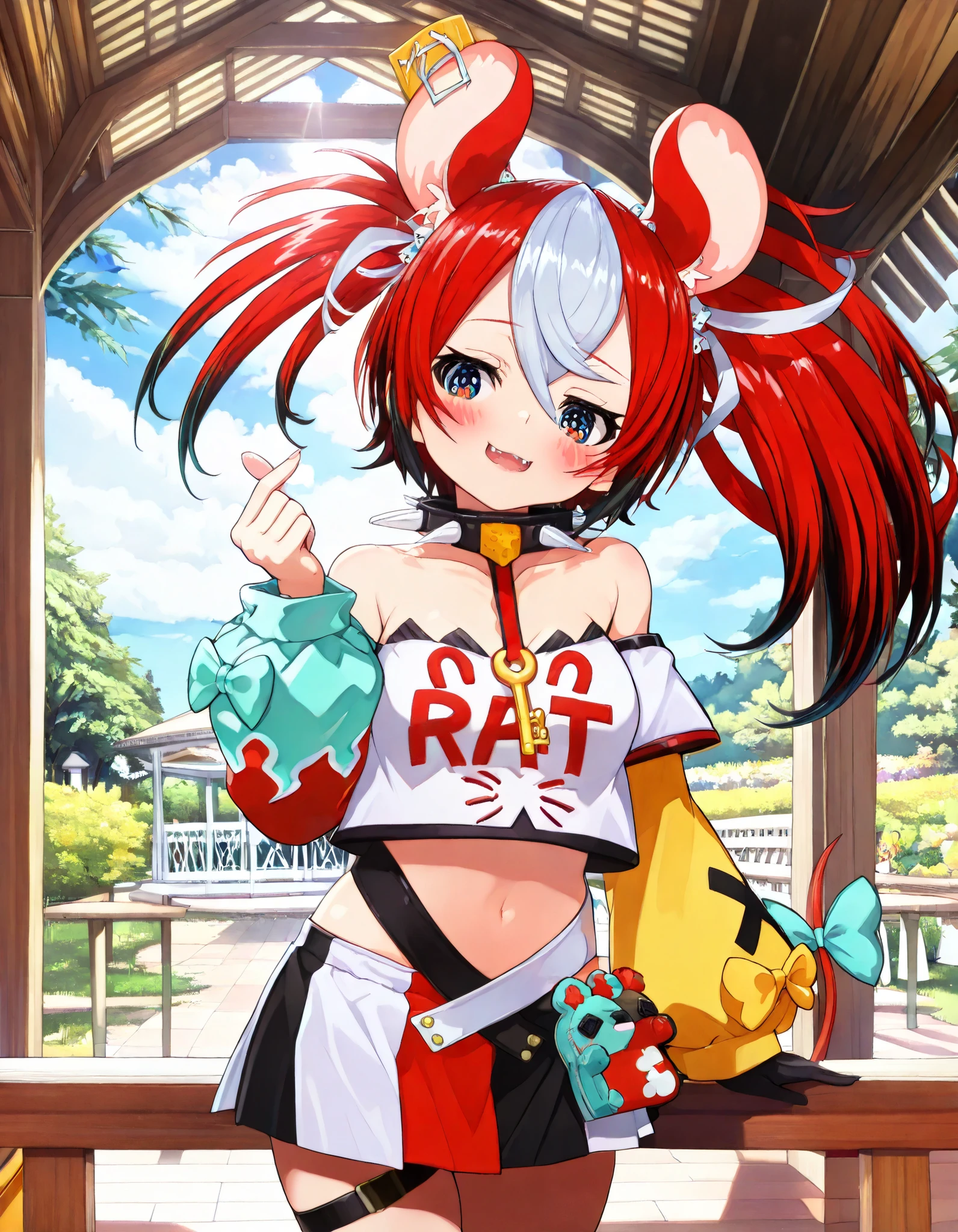 ((Hakos Baelz)), ((Masterpiece)), ((best quality)), (8K), (cowboy shot), (detailed background:1.2), (ultra-detailed:1.2), (High resolution:1.3), (Professional Photography:1.2), (very aesthetic:1.2), (absurdres:1.2), (sharp focus), (scenery), ((1girl)), cute young girl, ((ash blonde hair)), Textured skin, (Healthy Gaunt body), medium breast, (medium hair, twintails, multicolored_hair), (Asymmetrical bangs, streaked hair), beautiful collarbones, (tilt head), (put on mouse ears), BREAK ((seductive smile, blush)), open mouth, sharp fangs, Thin and short eyebrows, (cute cheeks), glossy lips, pouty lips, (lower eyelashes), ((red eyes, gradient eyes, looking at side)), ((finger heart)), (Leaning against the gazebo fence, inside the gazebo), Beautiful roses blooming, dreamy sunlight, HakosBaelz, twintails, tail bow, (twintails), BaelzBase, spiked collar, key necklace, bare shoulders, (white shirt, clothes writing), (asymmetrical sleeves, yellow and turquoise-color sleeve), black gloves, midriff, (multicolored skirt), thigh strap,
