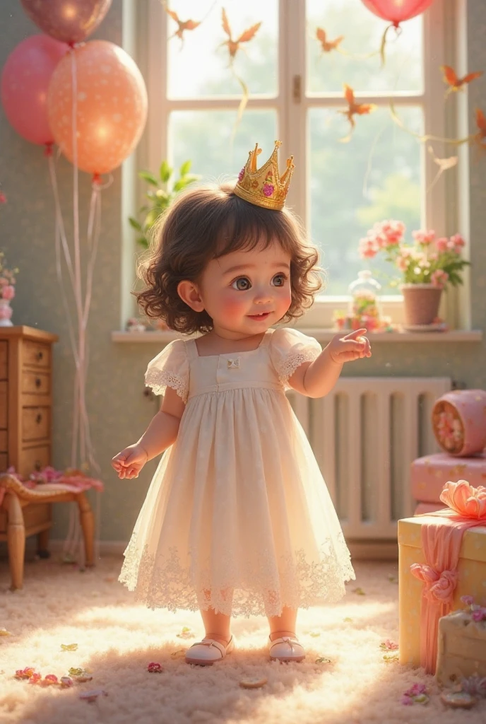Raising baby with dress sitting with legs forward barefoot arms forward short hair with tiara brown eyes smiling
