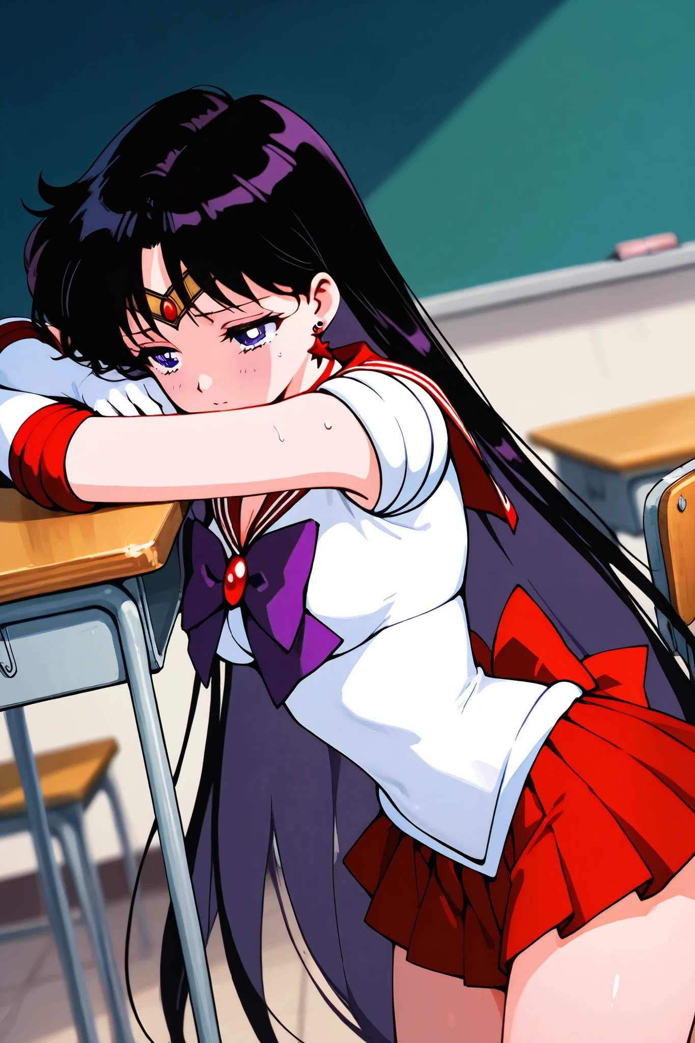 sailor_ mars,1 female,solo,
front,look up,from side,
black hair,headband,long hair,
bangs with a split,colored inner hair,
purple eyes,beautiful eyes,big eyes,
slant eyes,long eyelashes,sleeping eyes,
sailor warrior uniform(1.3),
red sailor color,white breast,red ribbon,
red skirt,mini skirt,pleated skirt,
white panty,
jewelry,earrings,
red lace-up boots,thigh-length boots,
high heels,
white elbow gloves,
beautiful legs,very thin thighs,thin calves,
medium breasts,thin waist,
perfect face,beautiful skin,
sad,painful,sweaty,incontinence,
I can see panties,cowboy shot,dutch angle,
Anatomically correct,
masterpiece,best quality,super detailed,
blurred background,
indoor,school,classroom,desk,chair,blackboard