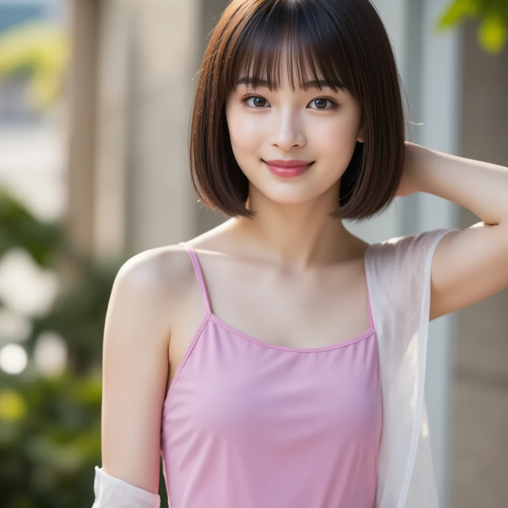masterpiece, best quality, ultra high res, ultra detailed, sharp focus, 1girl, solo, a stunning pretty and beautiful Japanese sexy model, 19yo, looking at viewer:1.3, (bright smile:0.6), wearing a (blouse), dusk, sunset, night, realistic, slender, (standing:1.1), (looking at the viewer:1.3), sexy gaze, blush, asymmetrical bangs, light brown hair, ((Pure white tank top、Hands behind head、smile:1.5、Short Hair))、(((Nipples protruding)))