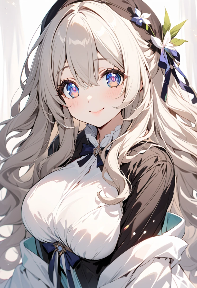 Manic smile woman with silver hair, com a cor dos olhos violeta, usando um jaleco Branco, e uma blusa preta, com uma gravata boboleta, with jeans and put on