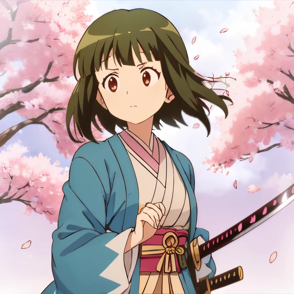 She holds a katana sword and turns it forward, confident looks, wears Shinsengumi clothes, a dramatic posture, a close scene, a sword holding her hand, the background of cherry blossoms, cherry trees