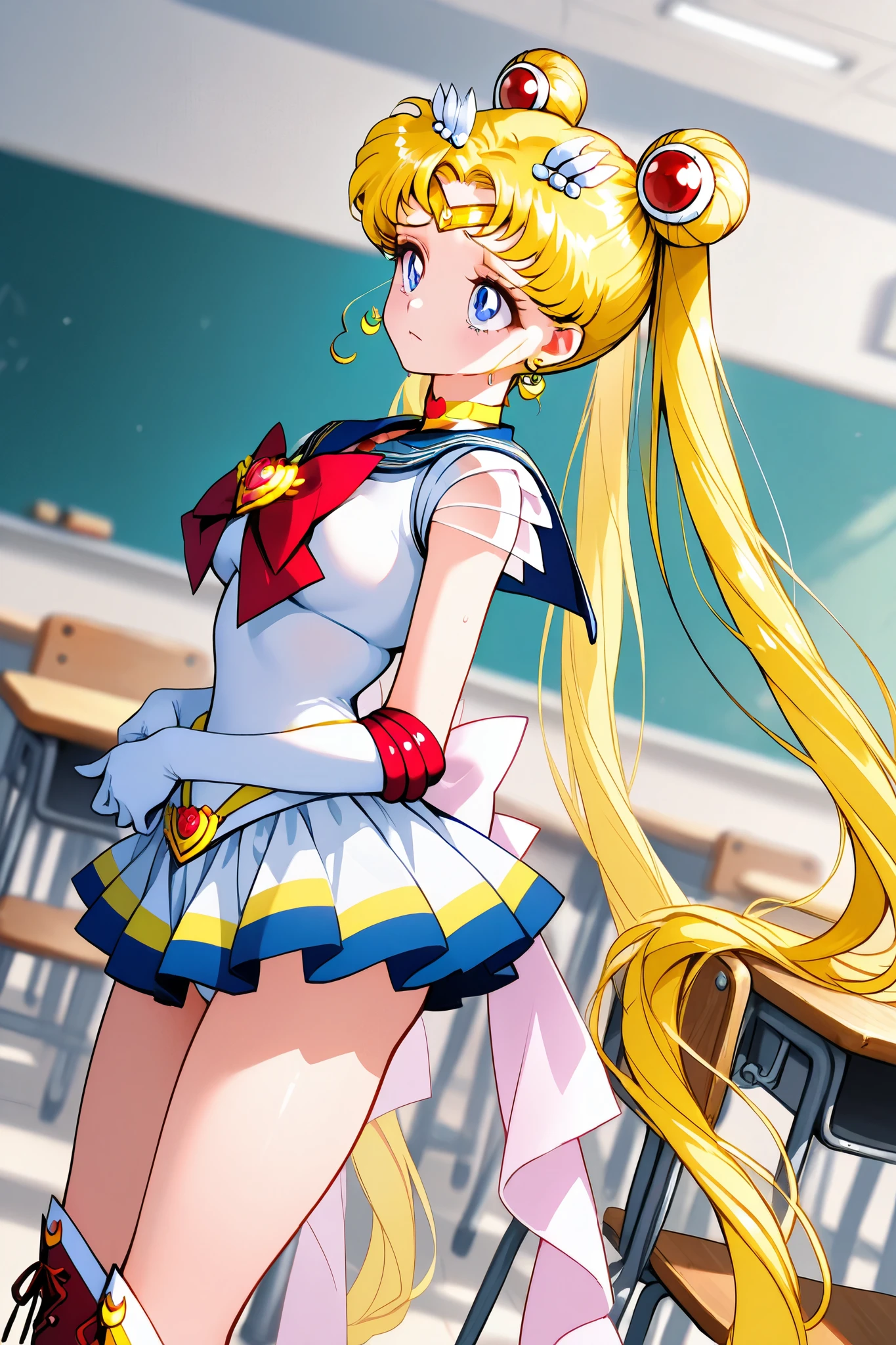 super sailor moon,1 female,solo,
front,look up,from side,
double bang,blonde hair,twin tail,circlet,
Blonde,ponytail,very long hair,
red hair ribbon,bangs with a split,
colored inner hair,
blue eyes,beautiful eyes,big eyes,
slant eyes,long eyelashes,sleeping eyes,
sailor warrior uniform(1.3),
white breast,red ribbon,
navy blue miniskirt,pleated skirt,
white panty,
white elbow gloves,
jewelry,earrings,choker,
red lace-up boots,thigh-length boots,
high heels,
beautiful legs,very thin thighs,thin calves,
medium breasts,thin waist,
perfect face,beautiful skin,
sad,painful,sweaty,incontinence,
I can see panties,cowboy shot,dutch angle,
Anatomically correct,
masterpiece,best quality,super detailed,
blurred background,
indoor,school,classroom,desk,chair,blackboard