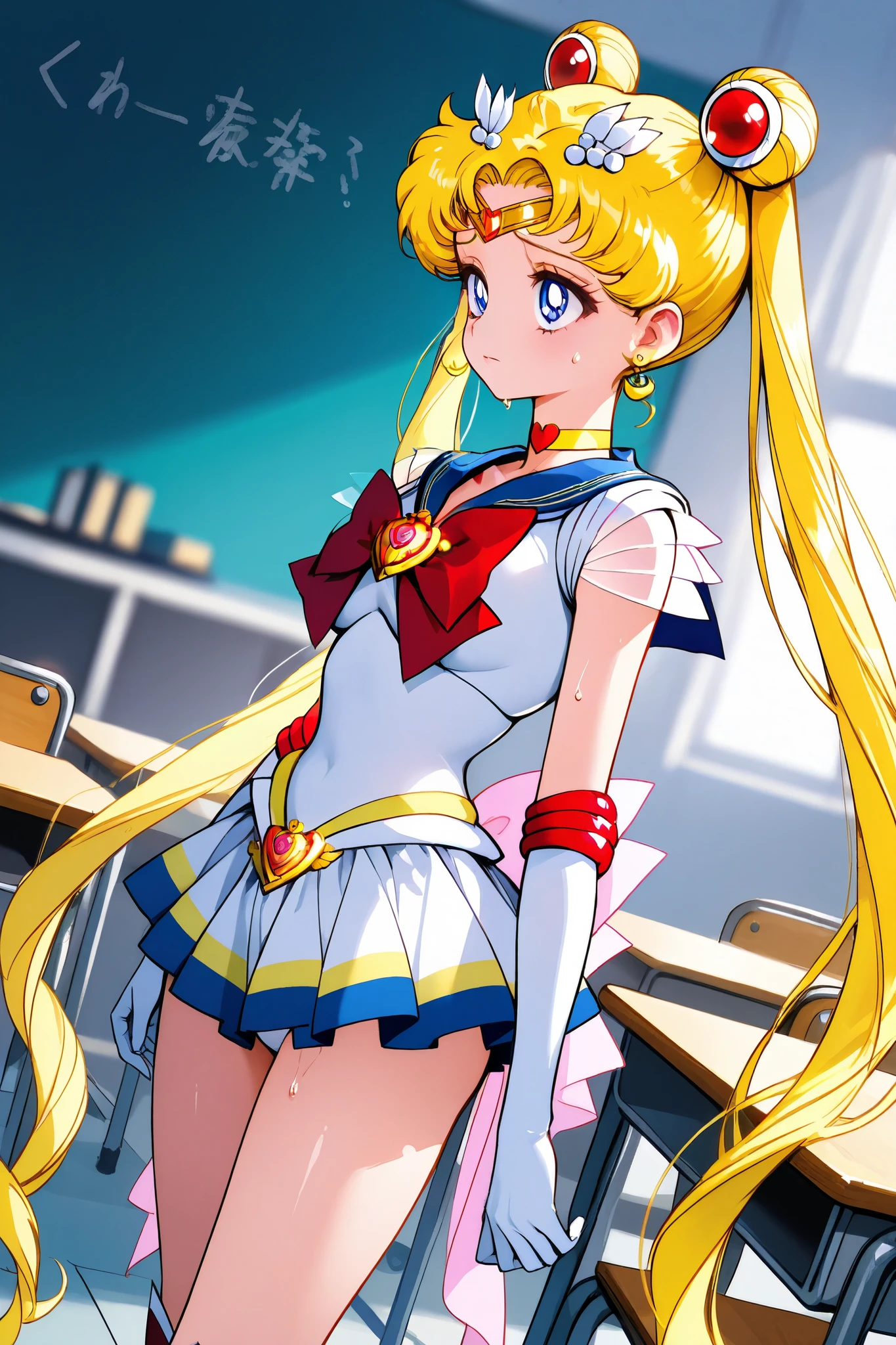 super sailor moon,1 female,solo,
front,look up,from side,
double bang,blonde hair,twin tail,circlet,
Blonde,ponytail,very long hair,
red hair ribbon,bangs with a split,
colored inner hair,
blue eyes,beautiful eyes,big eyes,
slant eyes,long eyelashes,sleeping eyes,
sailor warrior uniform(1.3),
white breast,red ribbon,
navy blue miniskirt,pleated skirt,
white panty,
white elbow gloves,
jewelry,earrings,choker,
red lace-up boots,thigh-length boots,
high heels,
beautiful legs,very thin thighs,thin calves,
medium breasts,thin waist,
perfect face,beautiful skin,
sad,painful,sweaty,incontinence,
I can see panties,cowboy shot,dutch angle,
Anatomically correct,
masterpiece,best quality,super detailed,
blurred background,
indoor,school,classroom,desk,chair,blackboard