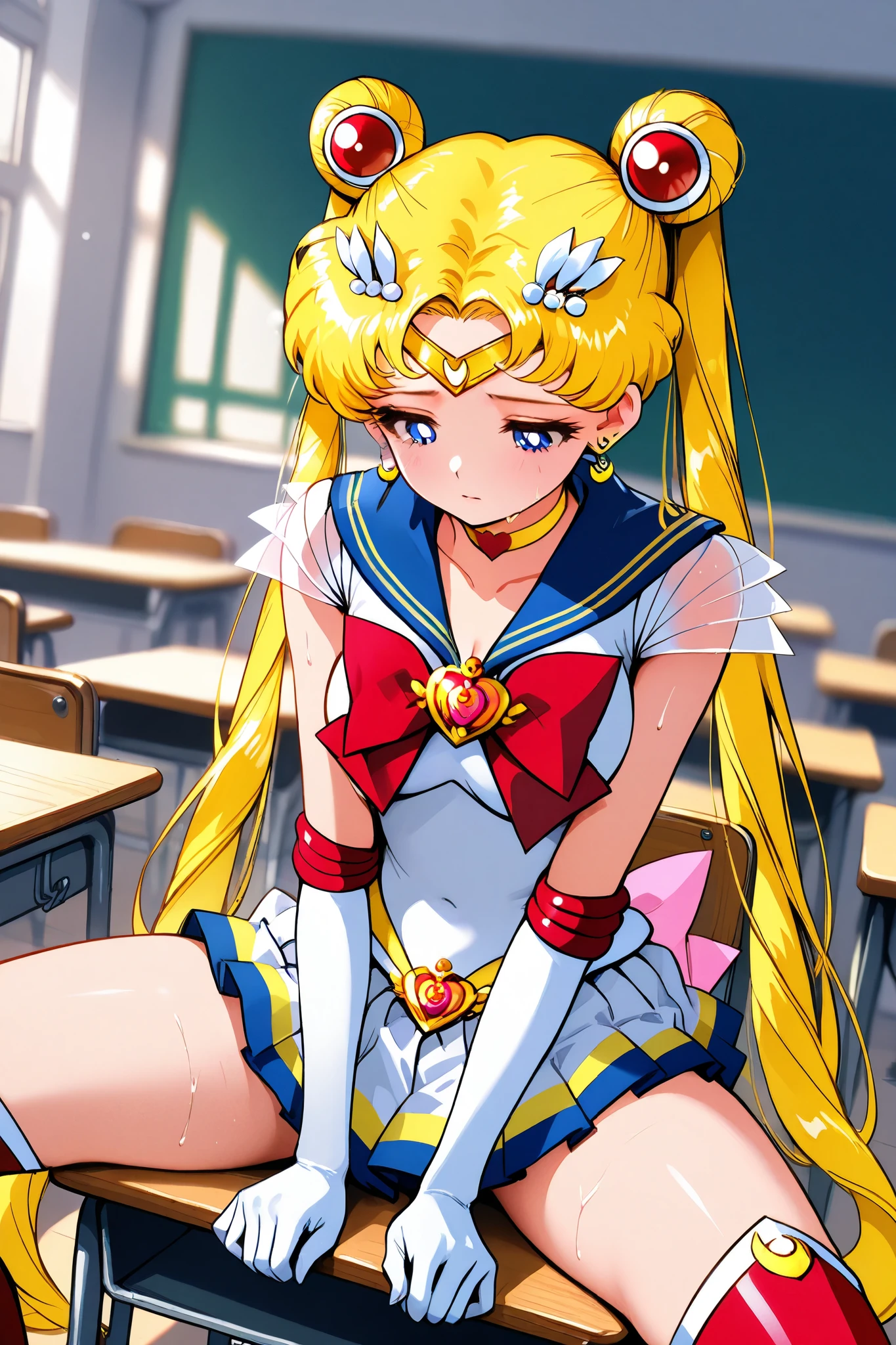 super sailor moon,1 female,solo,
front,look down,from front,
double bang,blonde hair,twin tail,circlet,
Blonde,ponytail,very long hair,
red hair ribbon,bangs with a split,
colored inner hair,
blue eyes,beautiful eyes,big eyes,
slant eyes,long eyelashes,sleeping eyes,
sailor warrior uniform(1.3),
white breast,red ribbon,
navy blue miniskirt,pleated skirt,
white panty,
white elbow gloves,
jewelry,earrings,choker,
red lace-up boots,thigh-length boots,
high heels,
beautiful legs,very thin thighs,thin calves,
medium breasts,thin waist,
perfect face,beautiful skin,
sad,painful,sweaty,incontinence,
sitting,spread legs,cowboy shot,dutch angle,
Anatomically correct,
masterpiece,best quality,super detailed,
blurred background,
indoor,school,classroom,desk,chair,blackboard