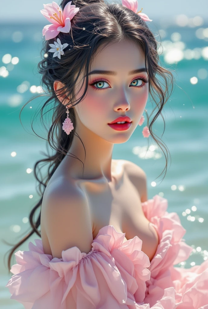 photography, 16k, hyper realistic, ultra detailed, amazingly beautiful girl, add pink hat, pink eyes, smile, big breasts, water drops in skin, extremely detailed professional photo, fashion model,