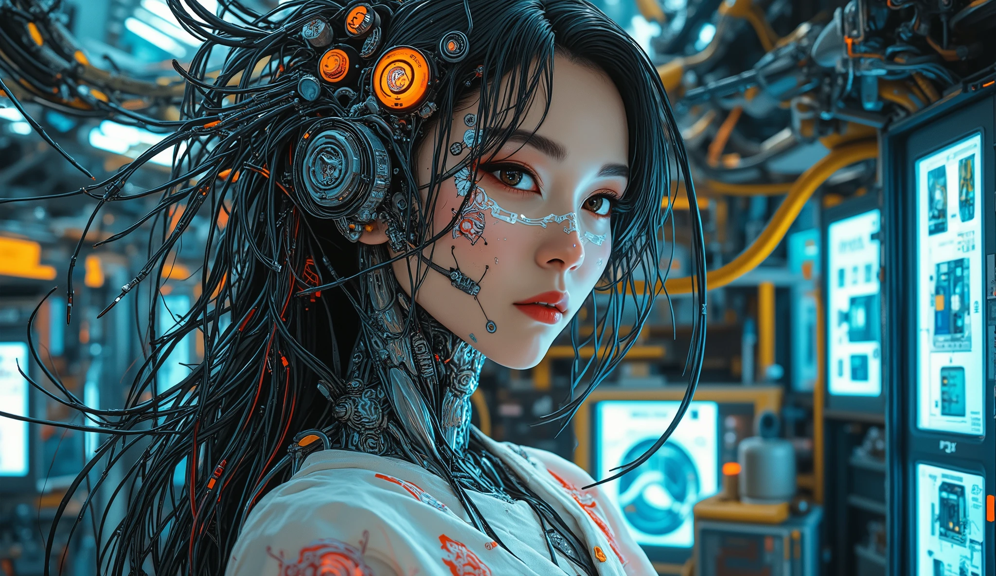 High technology , futurist , Chica cyborg , (Photorealistic: 1.4 ) , long hair made of cables , Robotics , lots of computer cables in the background , ultra high resolution , UHD , 8K , Neon lights , Japanese Culture , kimono , Japanese demon asianbeauty、8K、4k、real、realism、 reality 、 Ultra HD、 Asian glasses、Beautiful Girl、High Quality、High vision、hyperdetail、Tattoos on the face、 Japanese tattoo、 Japanese tattoo