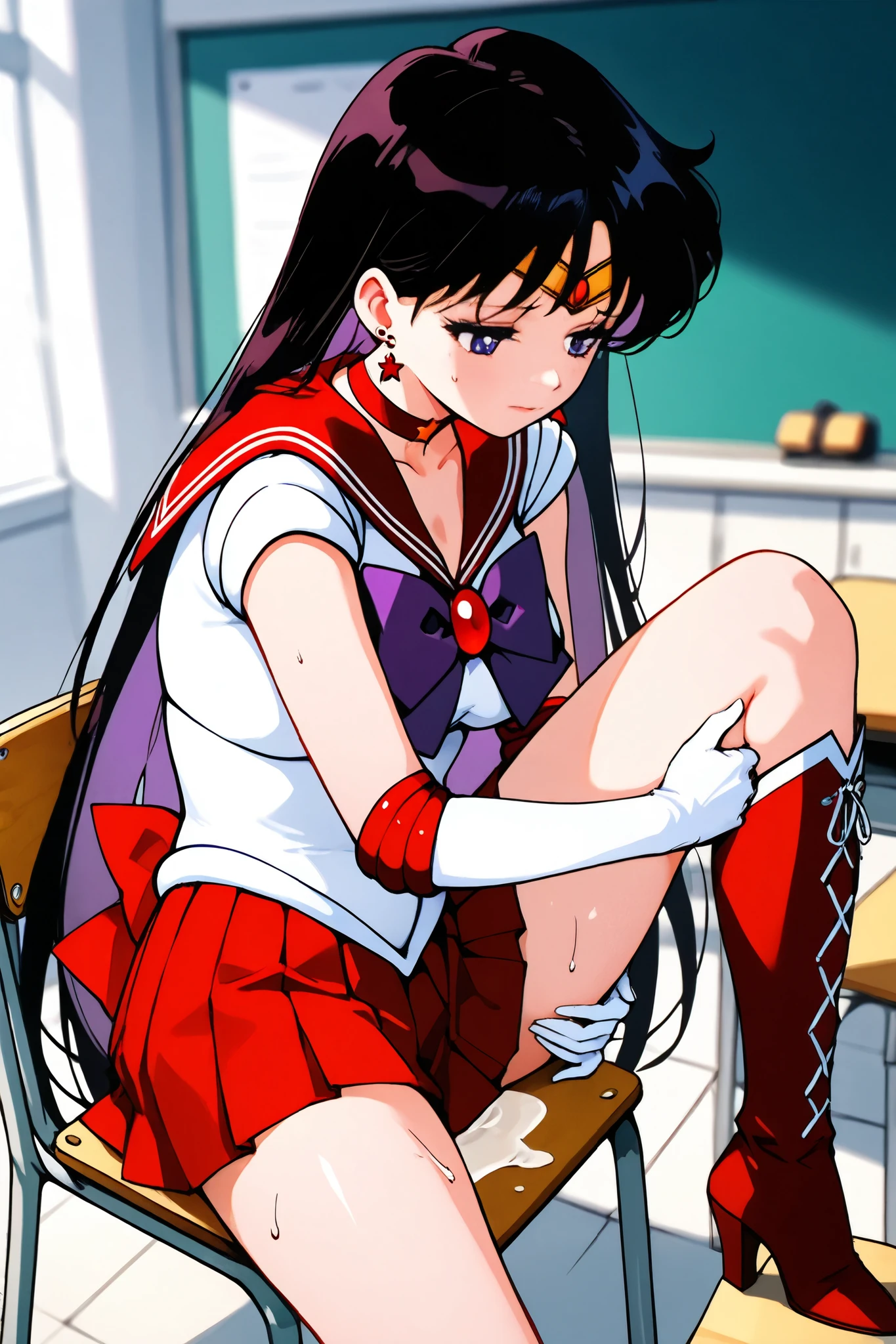 sailor_ mars,1 female,solo,
front,look down,from side,
black hair,headband,long hair,
bangs with a split,colored inner hair,
purple eyes,beautiful eyes,big eyes,
slant eyes,long eyelashes,sleeping eyes,
sailor warrior uniform(1.3),
red sailor color,white breast,red ribbon,
red skirt,micro miniskirt,pleated skirt,
white panty,
jewelry,earrings,
red lace-up boots,thigh-length boots,
high heels,
white elbow gloves,
beautiful legs,very thin thighs,thin calves,
medium breasts,thin waist,
perfect face,beautiful skin,
sad,painful,sweaty,incontinence,
sitting,spread legs,cowboy shot,dutch angle,
Anatomically correct,
masterpiece,best quality,super detailed,
blurred background,
indoor,school,classroom,desk,chair,blackboard
